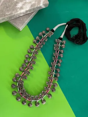 Adjustable Oxidised Silver Choker Necklace Chunky Pendents With Bells in Pink & Green Cord