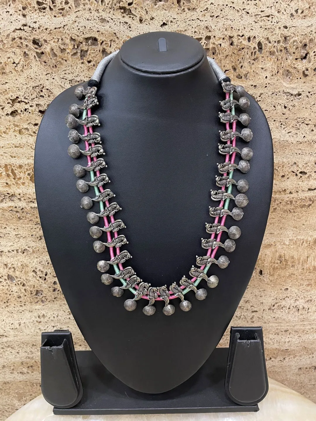 Adjustable Oxidised Silver Choker Necklace Chunky Pendents With Bells in Pink & Green Cord