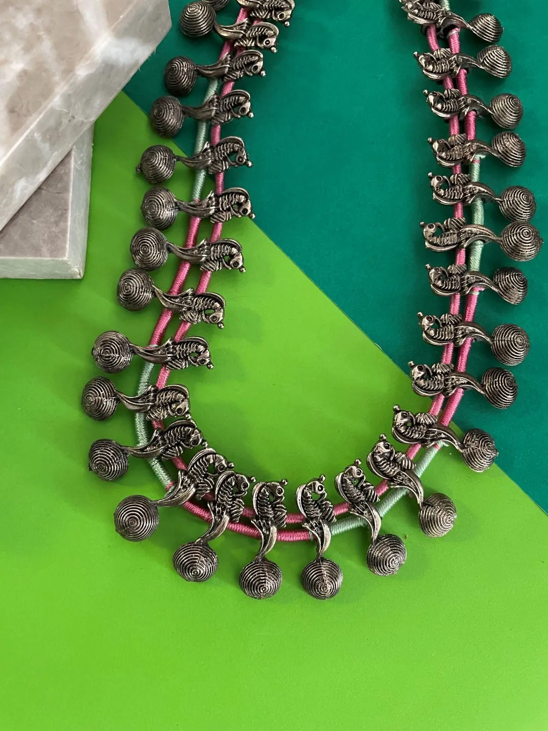 Adjustable Oxidised Silver Choker Necklace Chunky Pendents With Bells in Pink & Green Cord