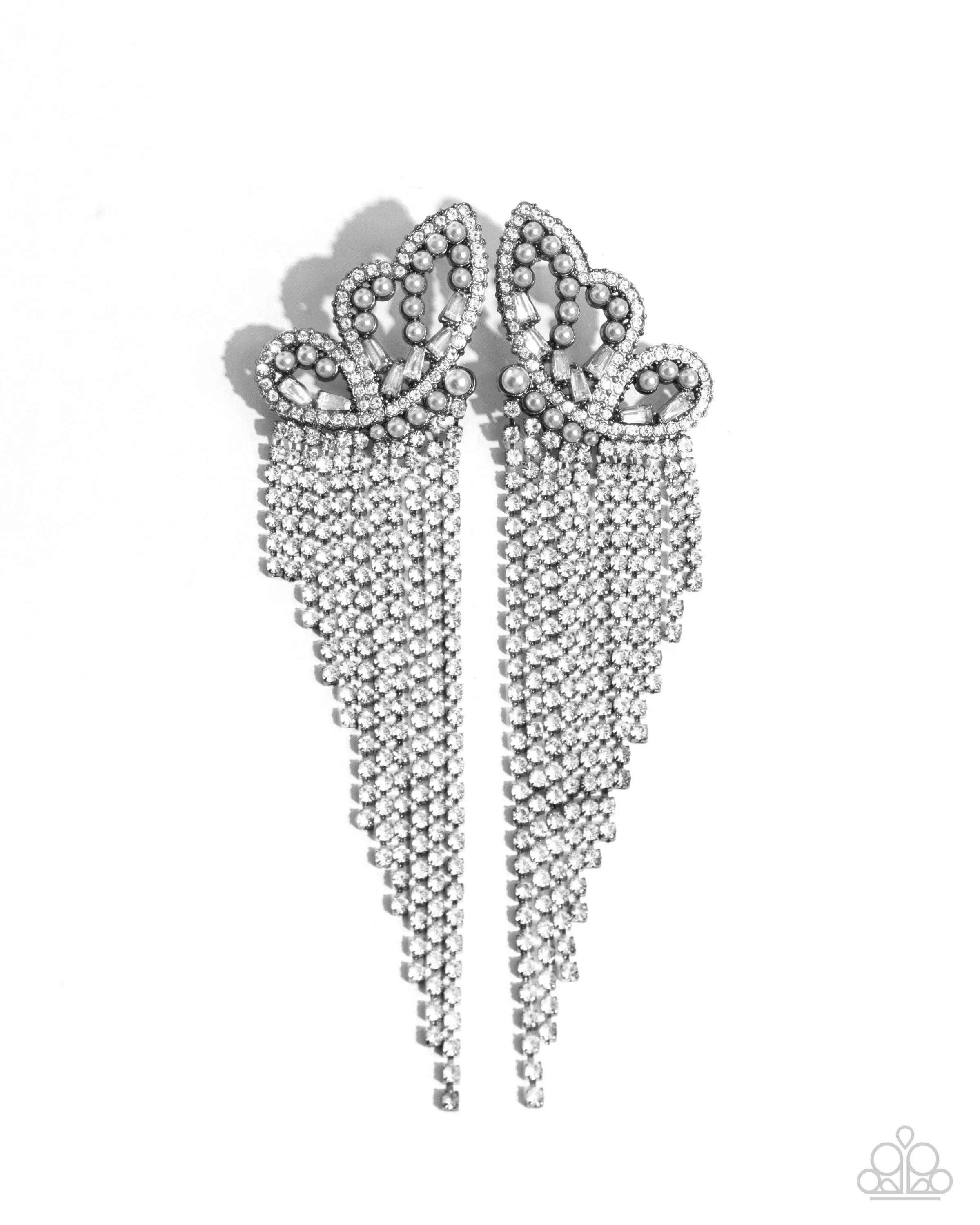 Aerial Accent - Black - Gunmetal Butterfly White Pearl and Rhinestone Tassel Paparazzi Post Earrings