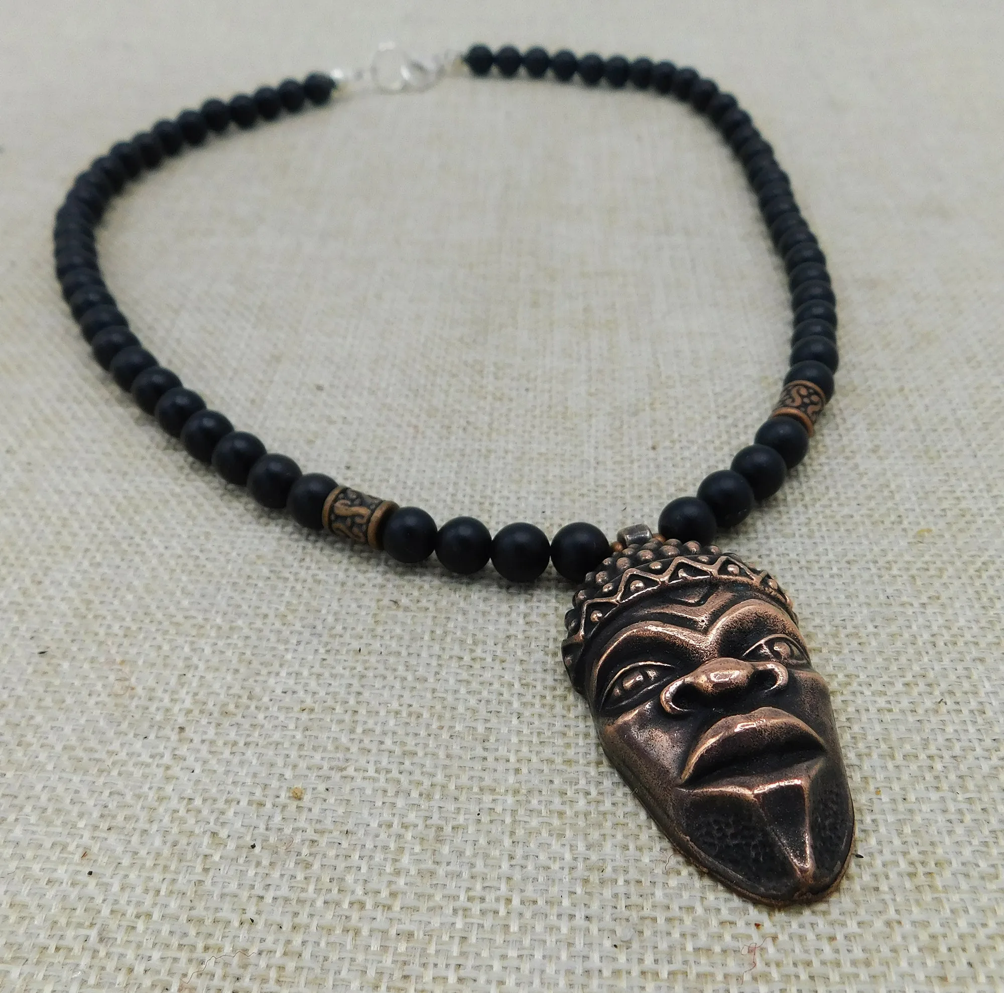African Warrior Men Necklace Face Mask Pendant Beaded Jewelry Black Owned