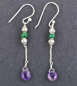 Amethyst & Emerald Gemstone Dangler Earrings In Silver