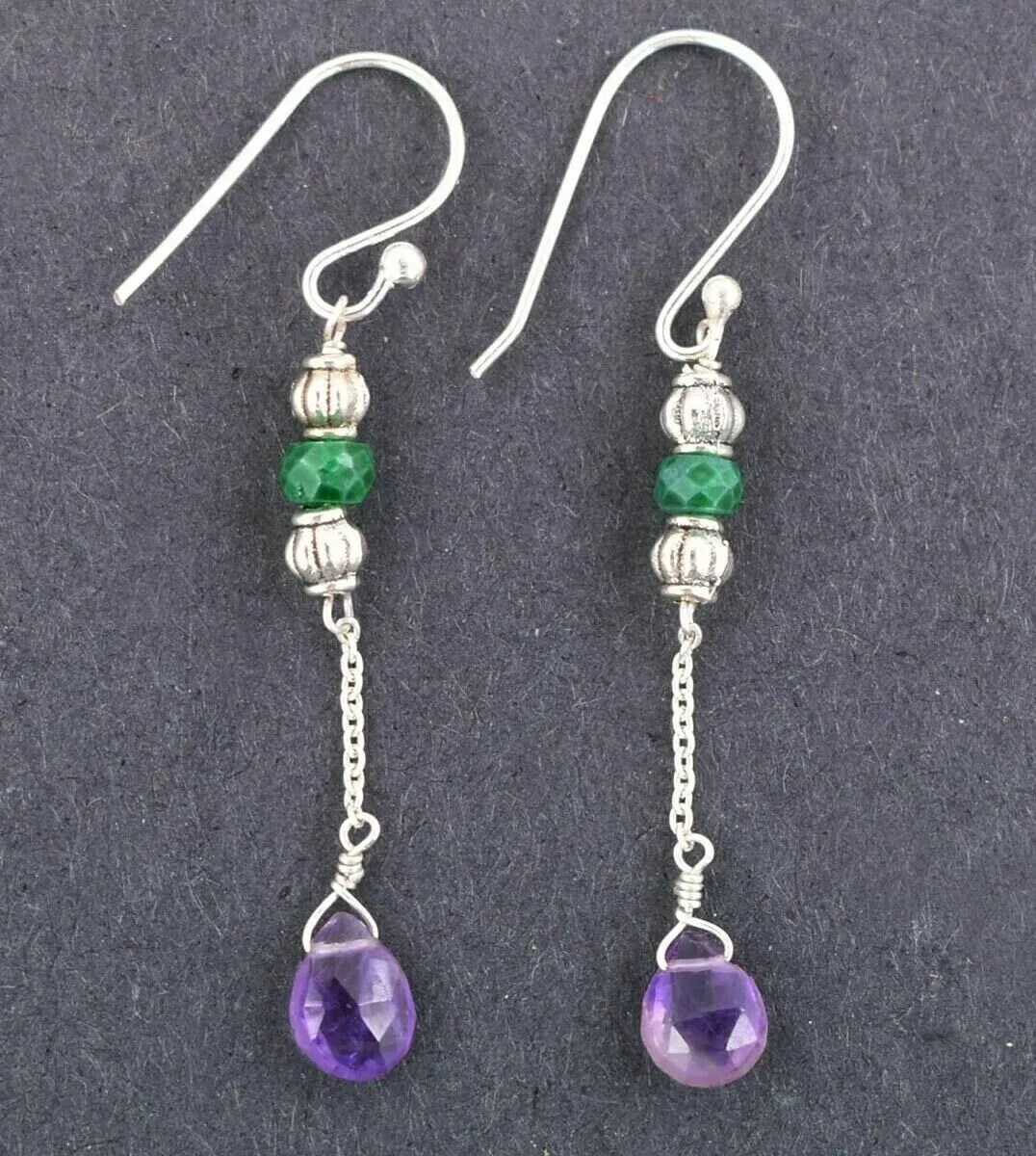 Amethyst & Emerald Gemstone Dangler Earrings In Silver
