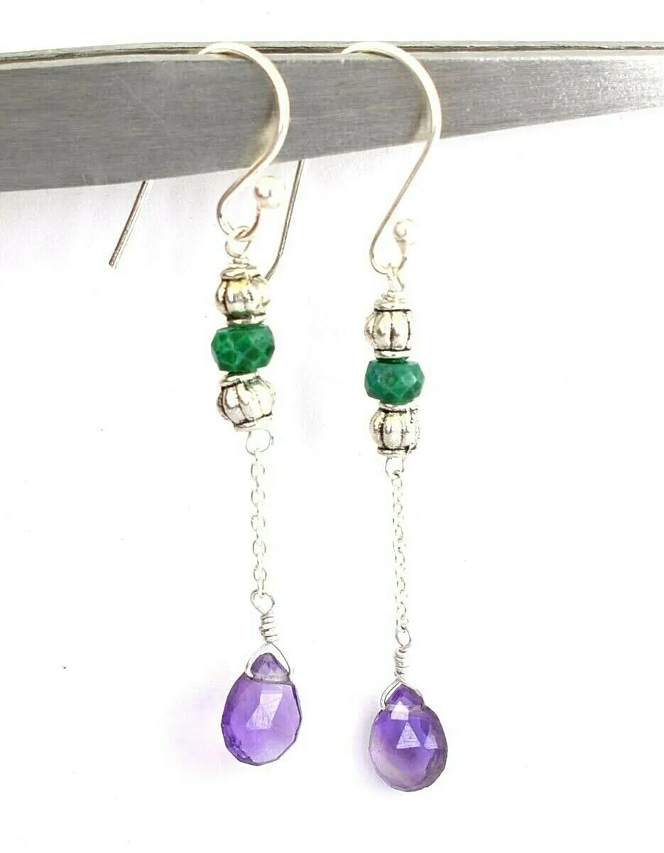 Amethyst & Emerald Gemstone Dangler Earrings In Silver