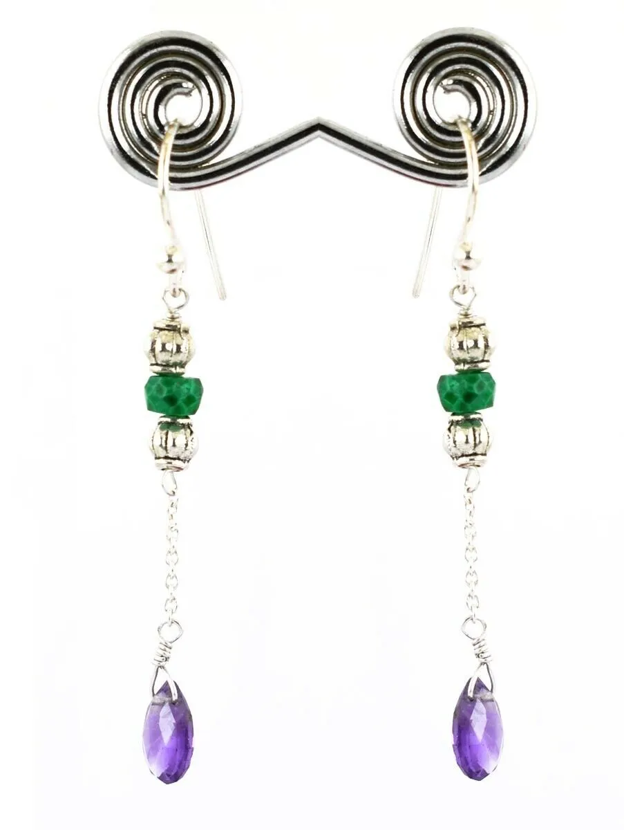 Amethyst & Emerald Gemstone Dangler Earrings In Silver
