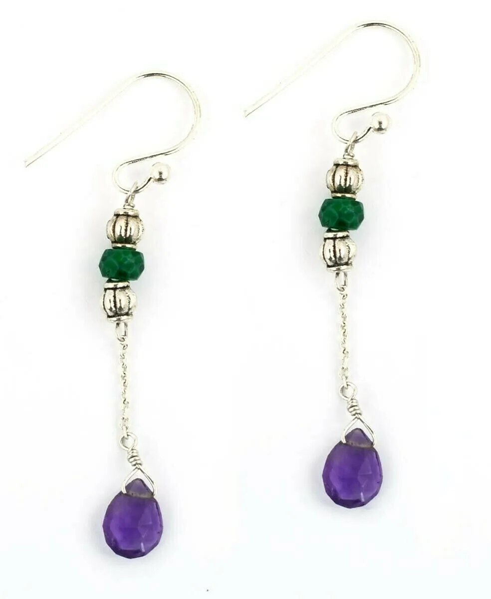 Amethyst & Emerald Gemstone Dangler Earrings In Silver
