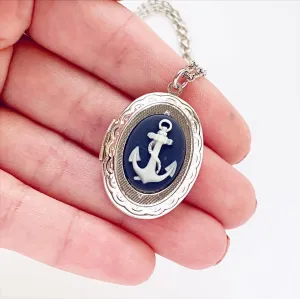 Anchor Cameo Locket Necklace in Silver