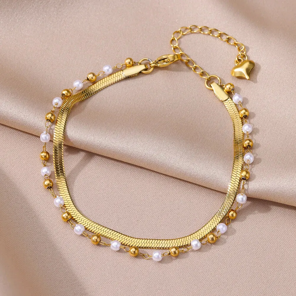 Anklets for Women Summer Beach Accessories Stainless Steel Imitation Pearl Chain Anklet Gold Color Leg Bracelets Bodychain Gifts