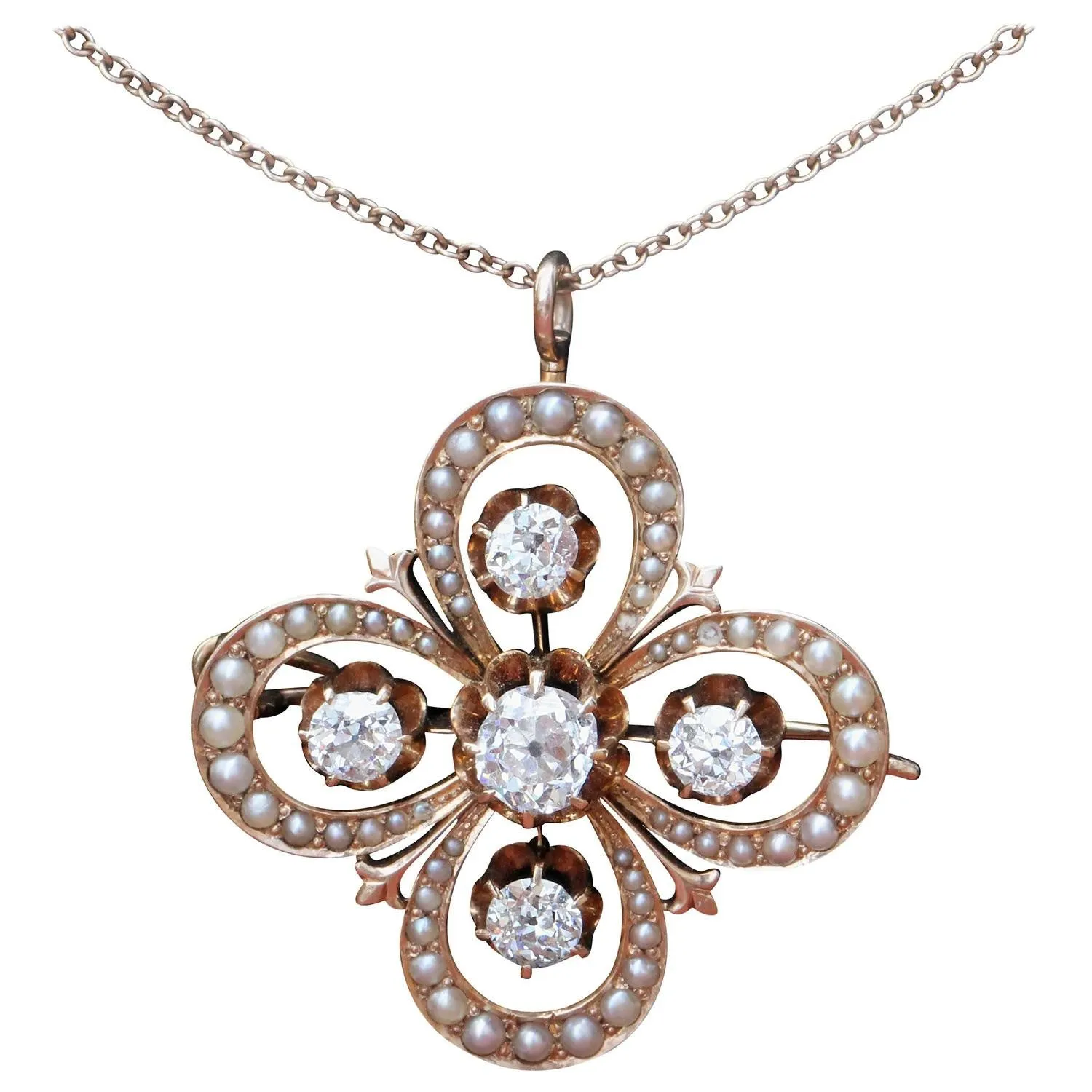 Antique 14K Gold Victorian Gothic Revival Old Mine Diamond & Seed Pearl Pendant