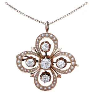 Antique 14K Gold Victorian Gothic Revival Old Mine Diamond & Seed Pearl Pendant