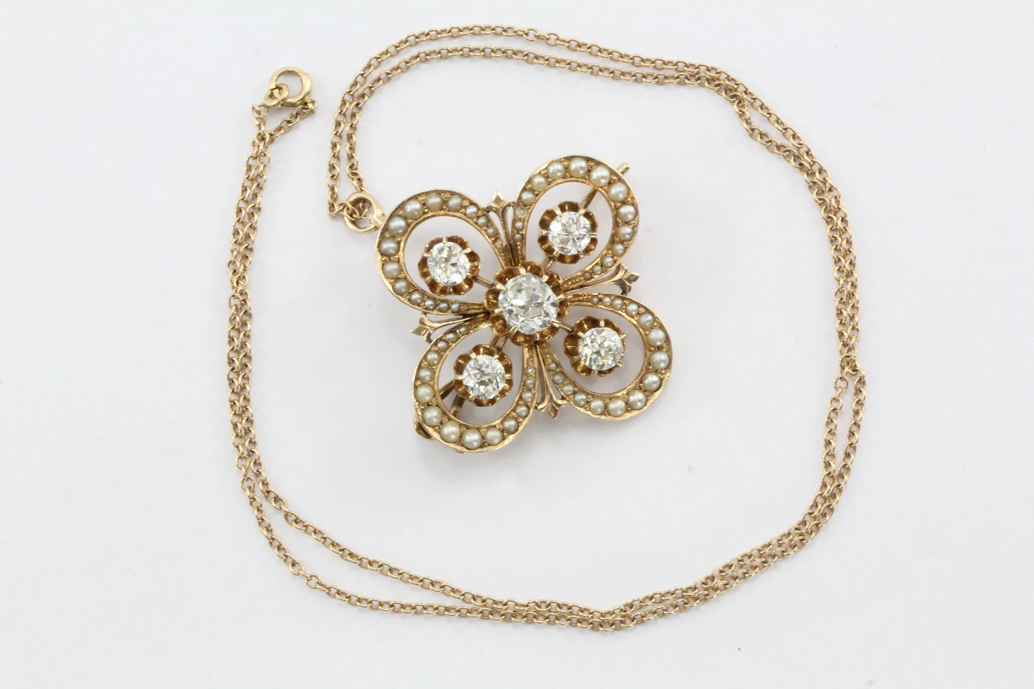 Antique 14K Gold Victorian Gothic Revival Old Mine Diamond & Seed Pearl Pendant