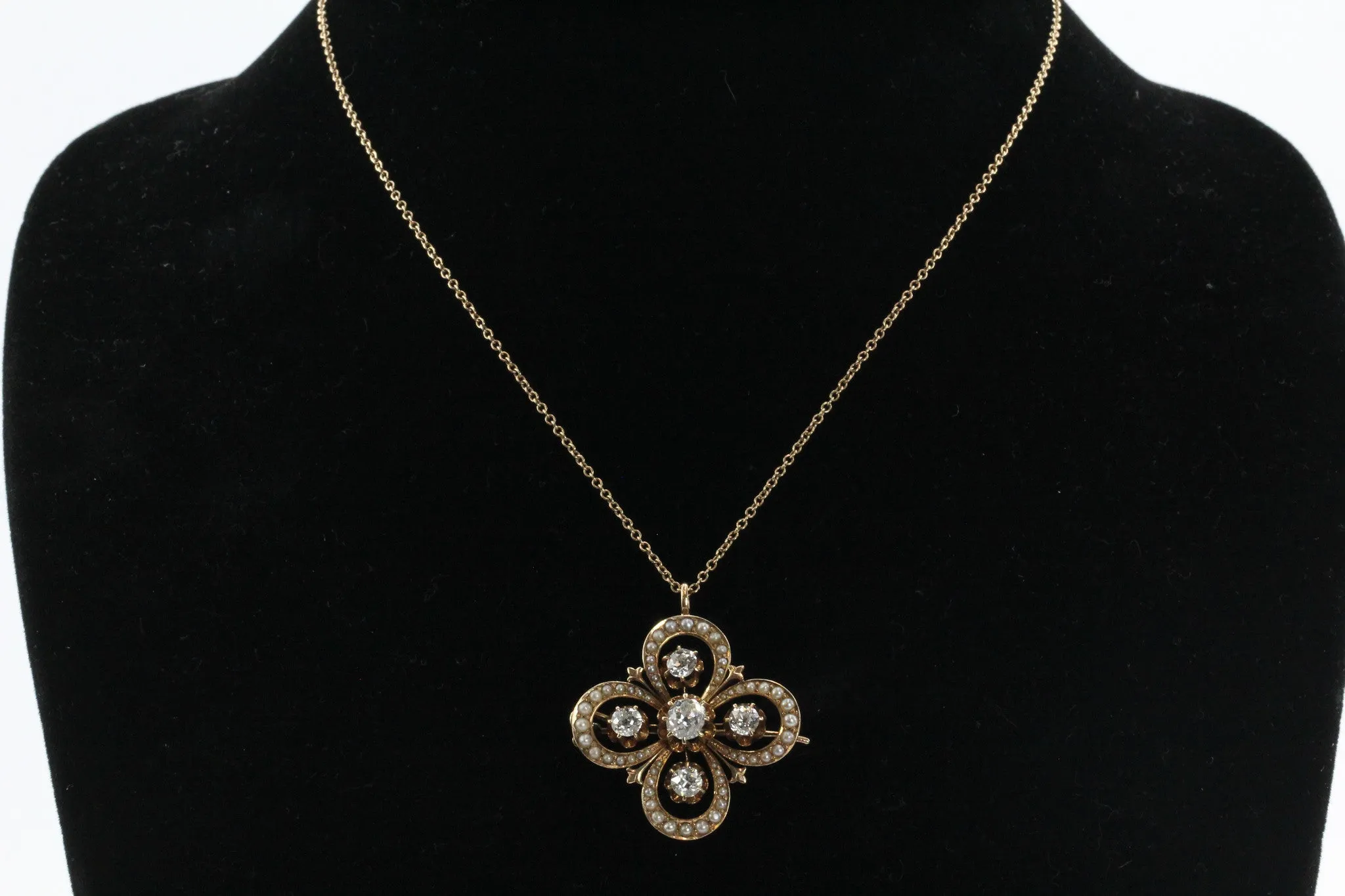 Antique 14K Gold Victorian Gothic Revival Old Mine Diamond & Seed Pearl Pendant