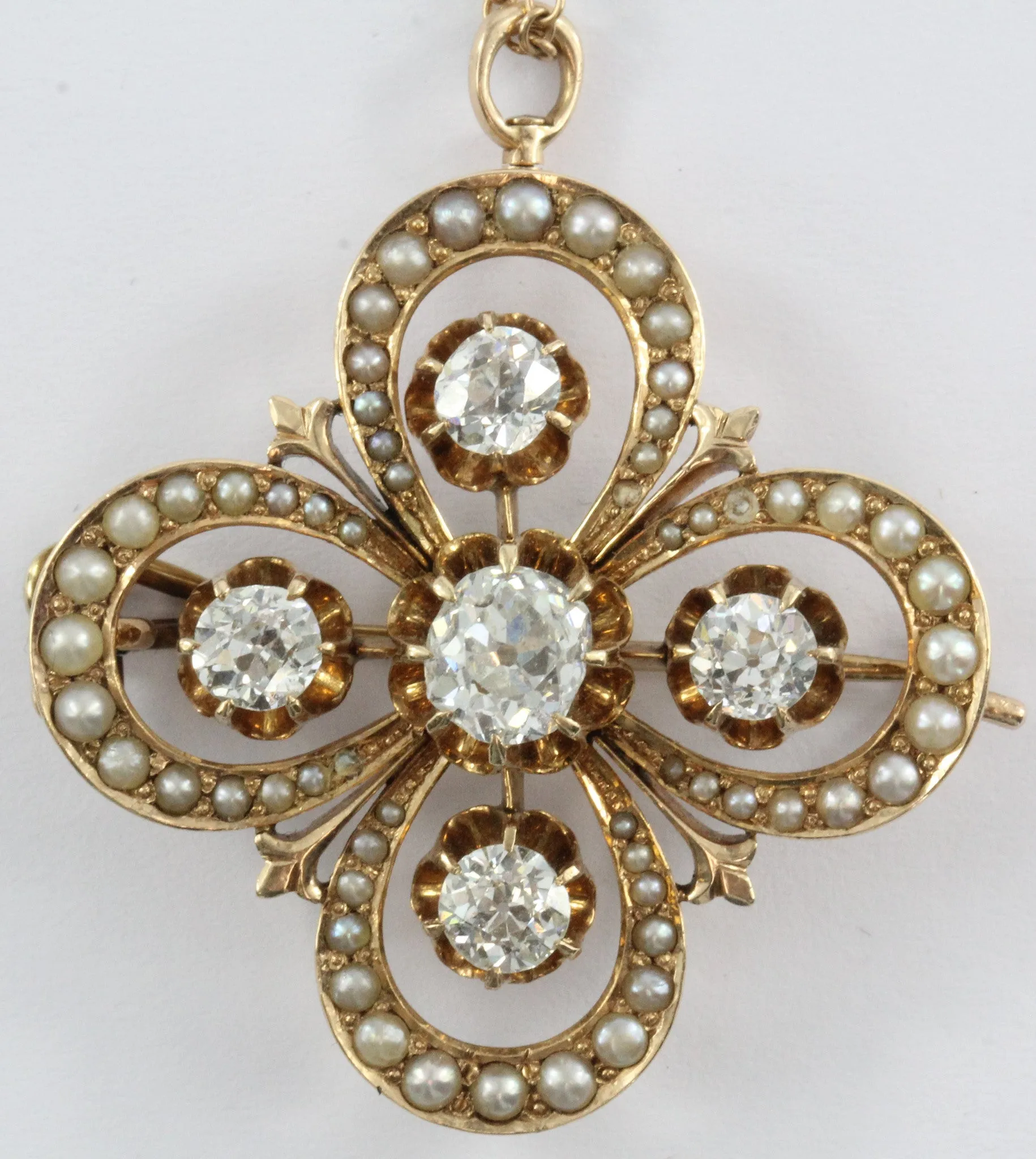 Antique 14K Gold Victorian Gothic Revival Old Mine Diamond & Seed Pearl Pendant
