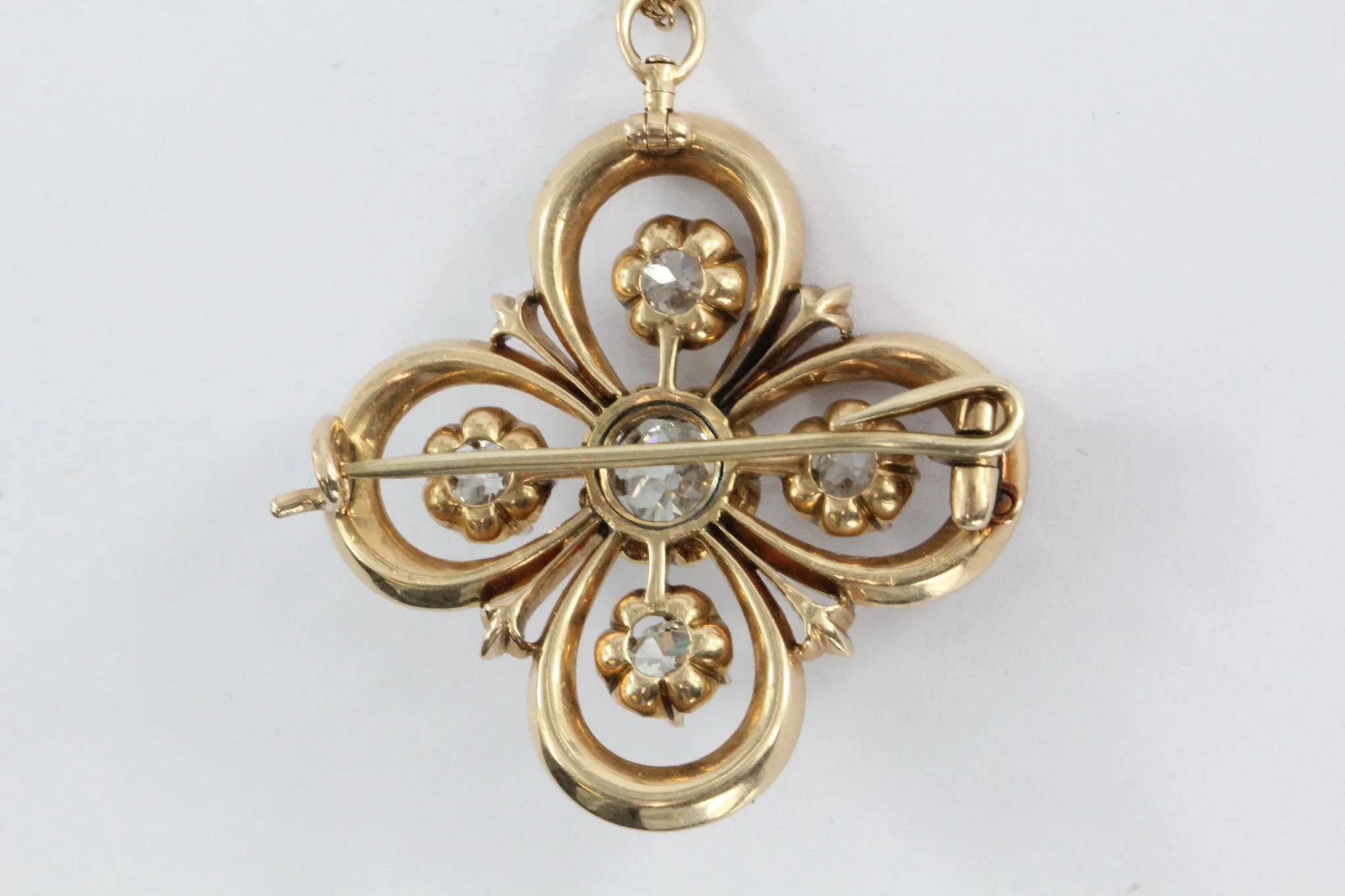 Antique 14K Gold Victorian Gothic Revival Old Mine Diamond & Seed Pearl Pendant