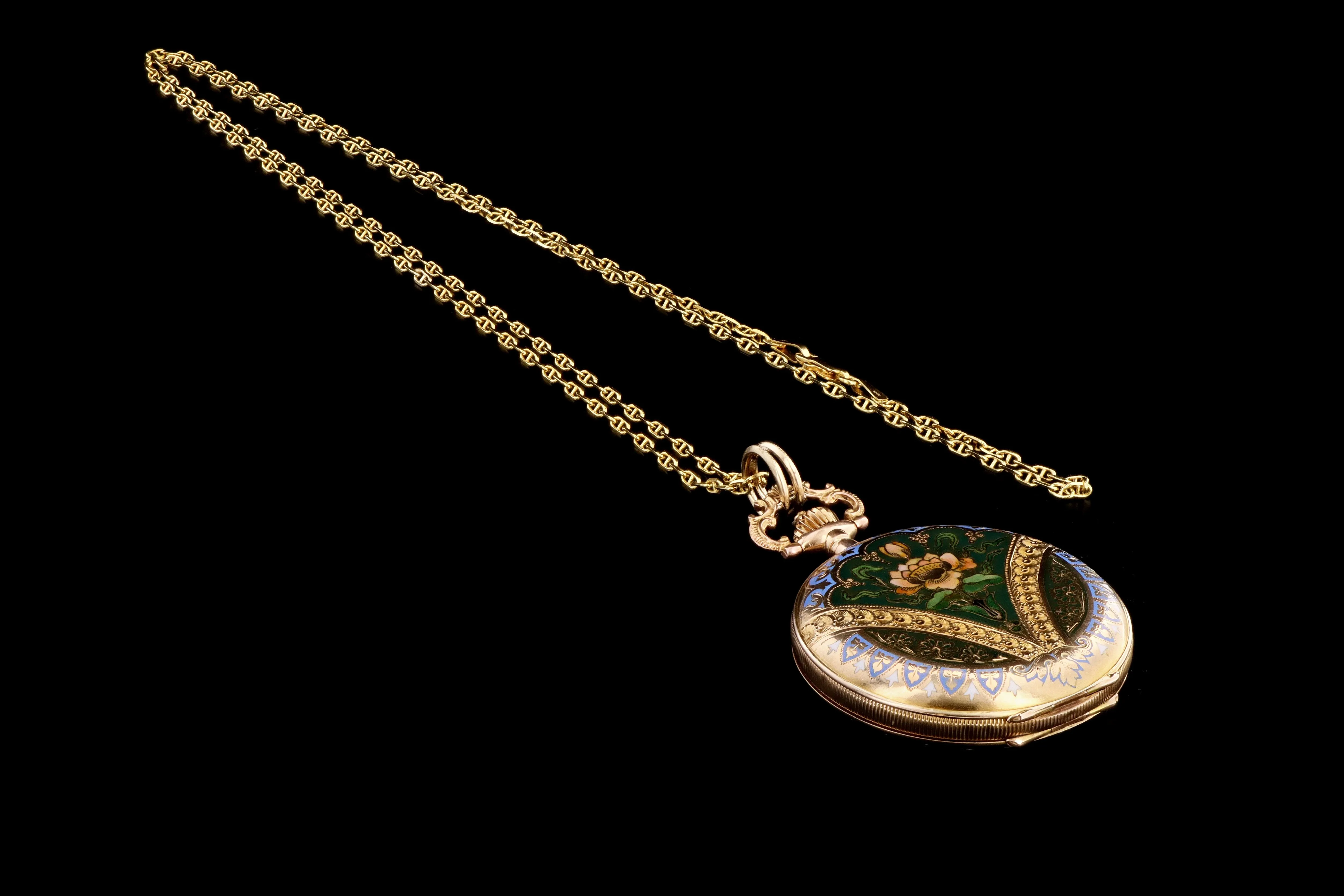 Antique 14K Yellow Gold Enamel & Rose Cut Diamond Pocket Watch Conversion Locket Pendant Necklace