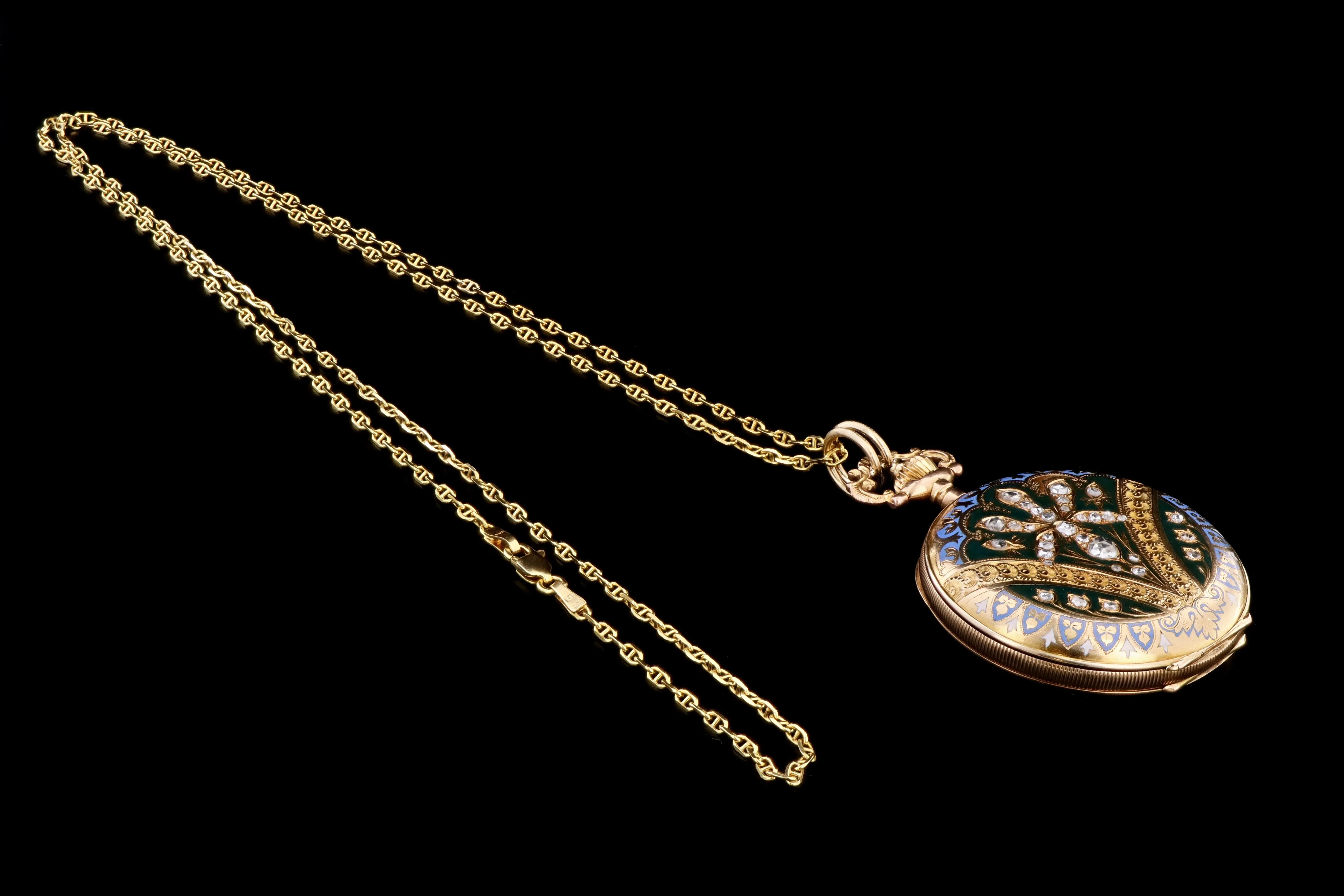 Antique 14K Yellow Gold Enamel & Rose Cut Diamond Pocket Watch Conversion Locket Pendant Necklace