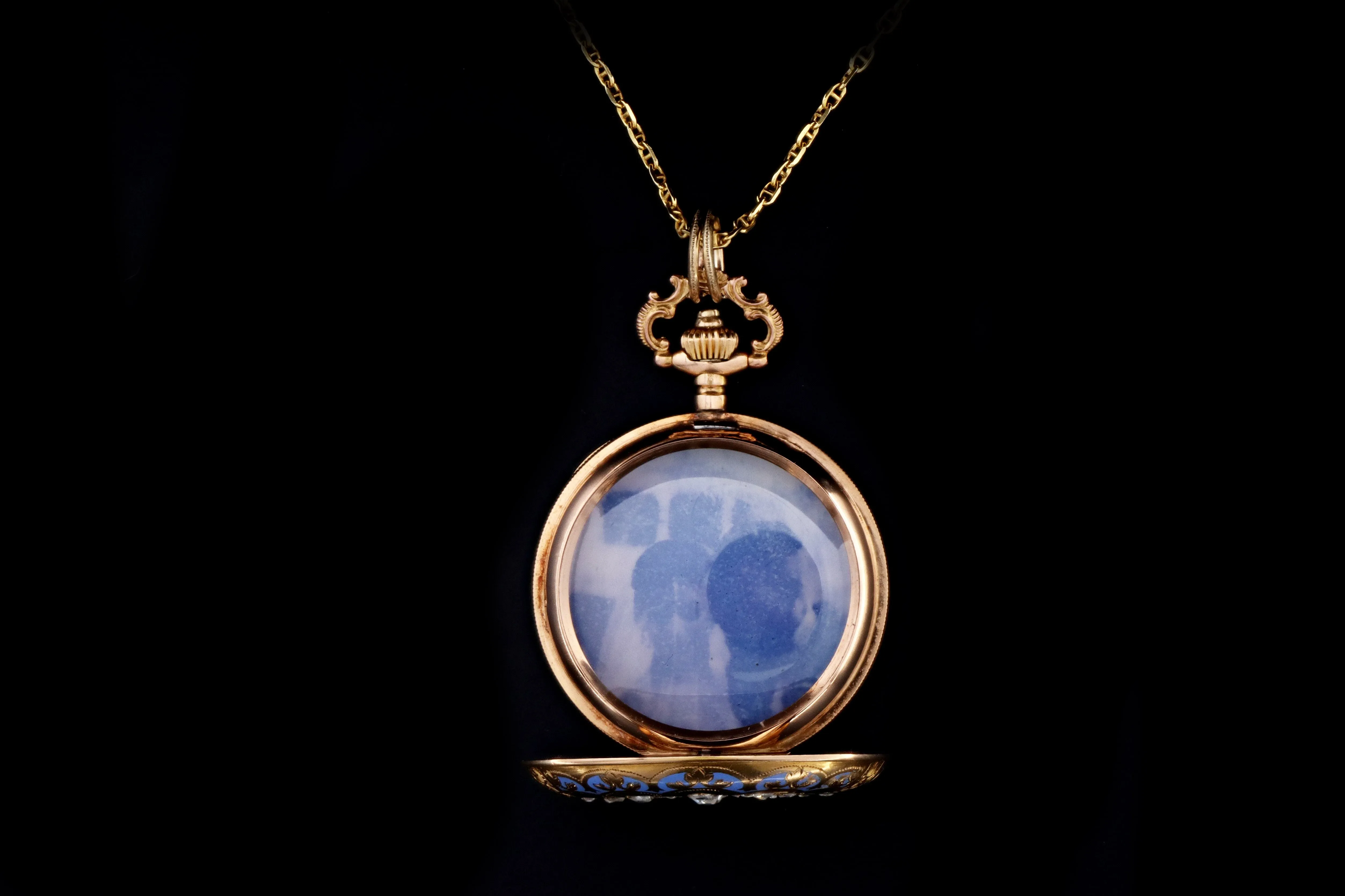 Antique 14K Yellow Gold Enamel & Rose Cut Diamond Pocket Watch Conversion Locket Pendant Necklace