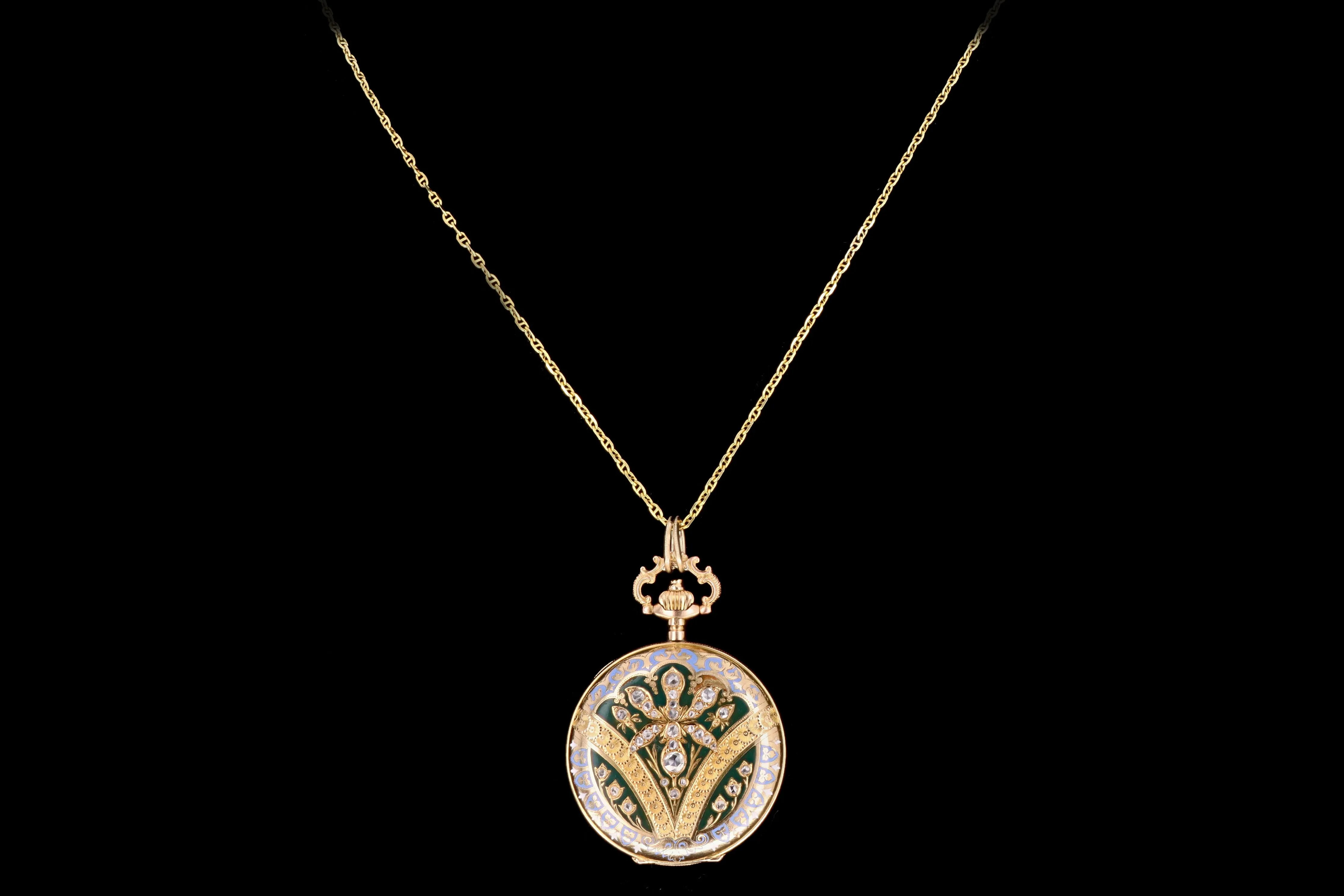 Antique 14K Yellow Gold Enamel & Rose Cut Diamond Pocket Watch Conversion Locket Pendant Necklace