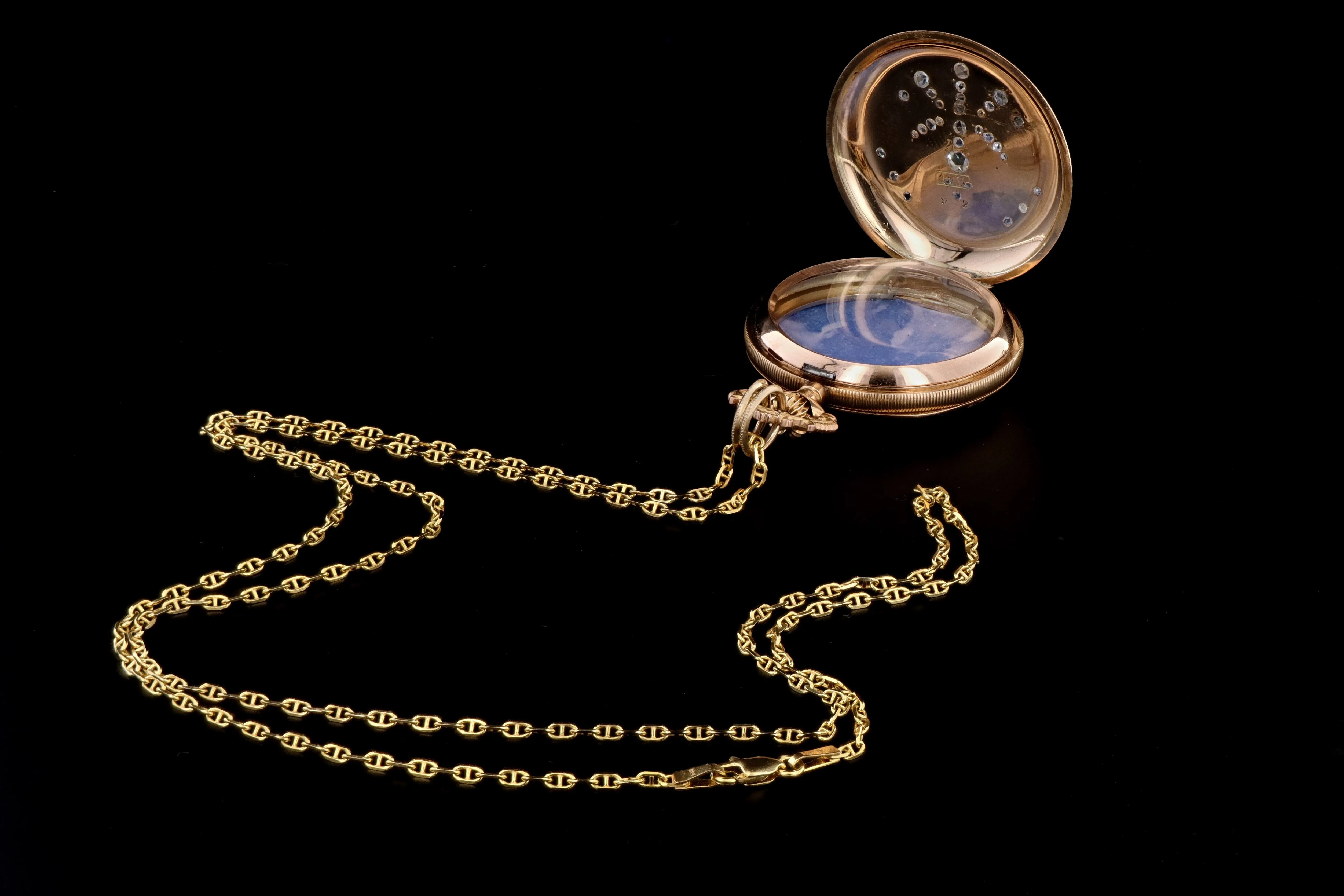 Antique 14K Yellow Gold Enamel & Rose Cut Diamond Pocket Watch Conversion Locket Pendant Necklace