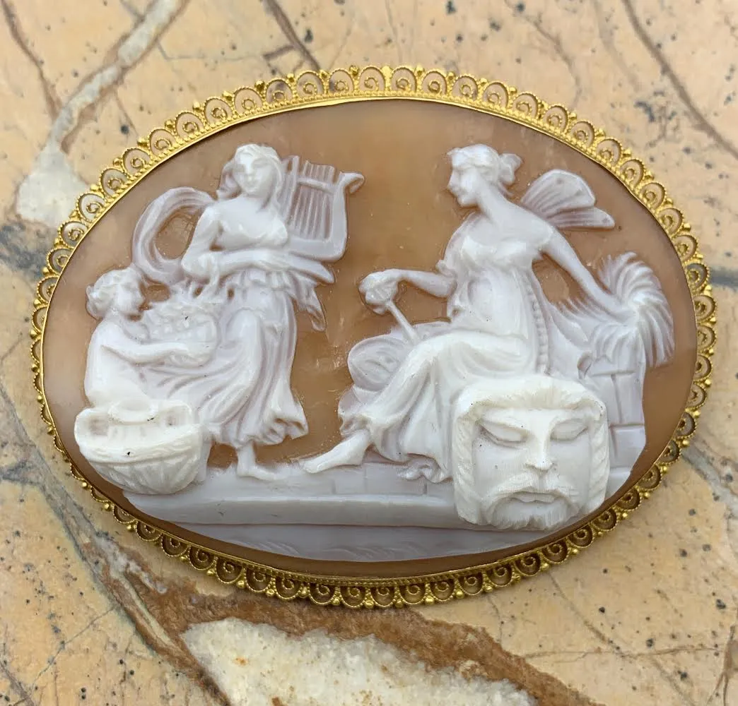 Antique 18K & Carved Shell Cameo Mythological Brooch