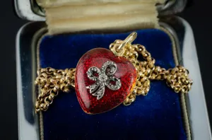 ANTIQUE 18K GOLD  RED ENAMEL HEART WITH DIAMOND BOW LOCKET