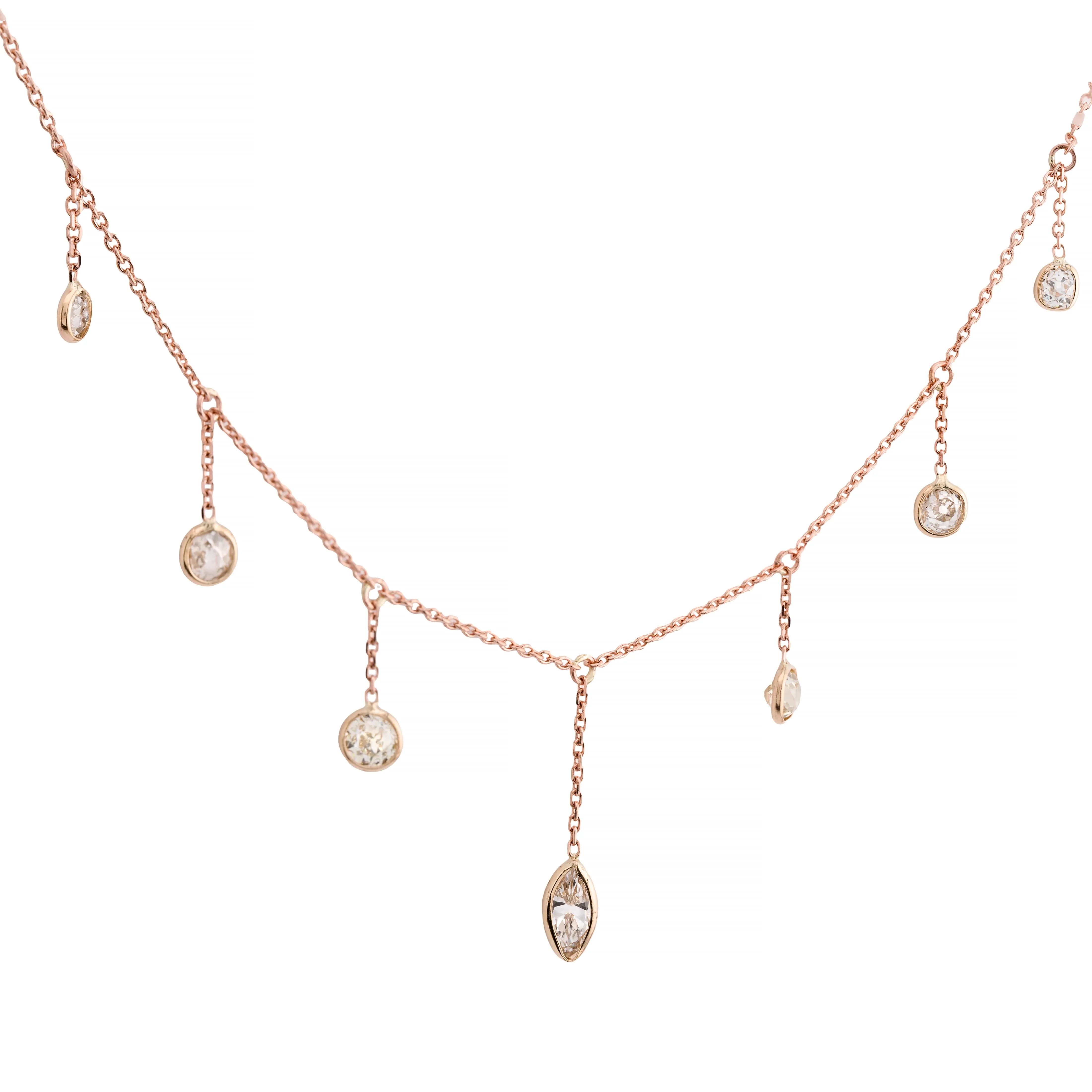 Antique 2.16ctw Mine Cut Diamond Fringe Necklace in 14 Karat Rose Gold