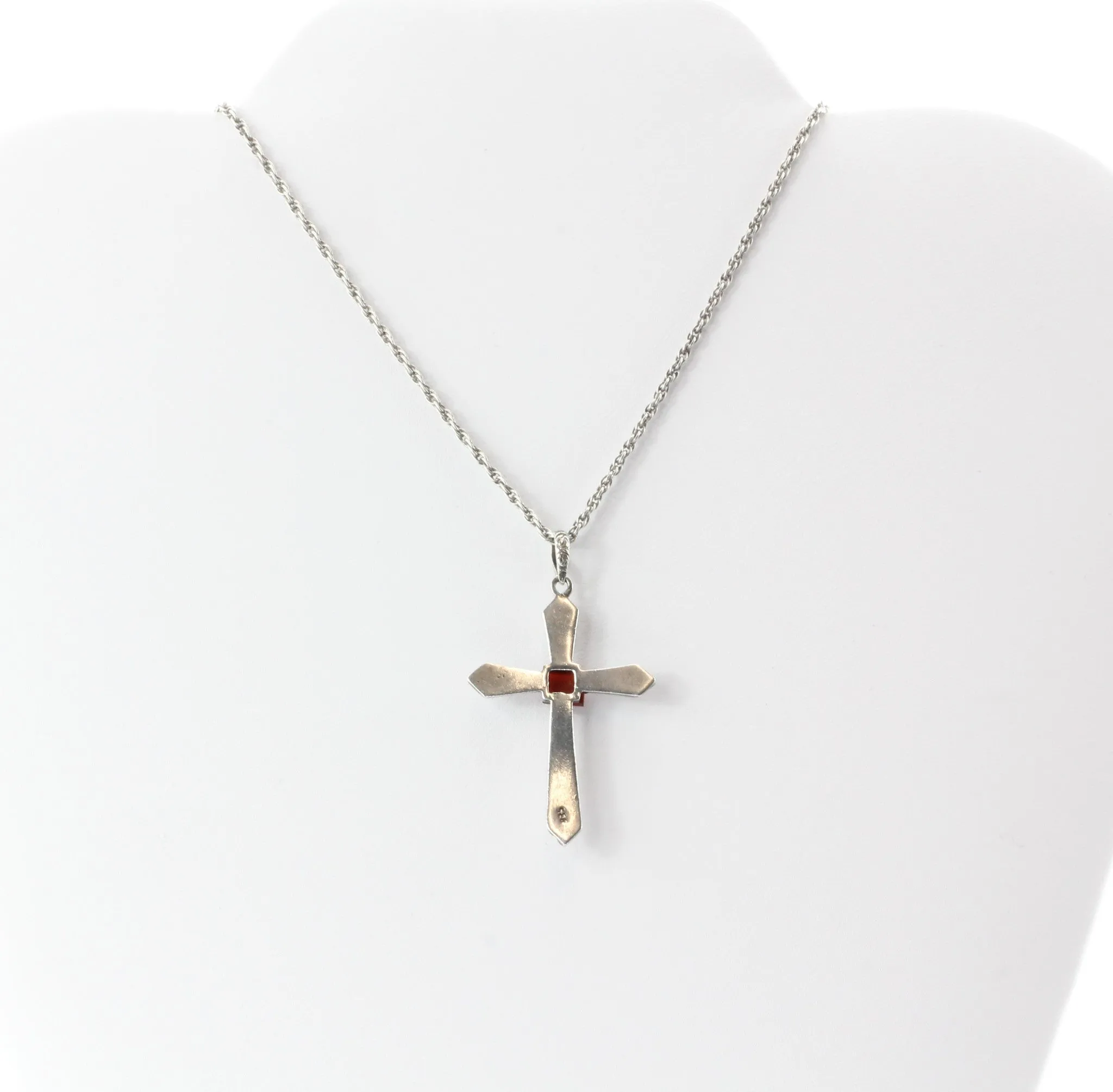 Antique 935 Silver Carnelian French Art Nouveau Cross Pendant Necklace