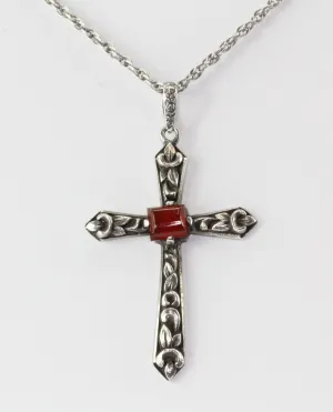 Antique 935 Silver Carnelian French Art Nouveau Cross Pendant Necklace