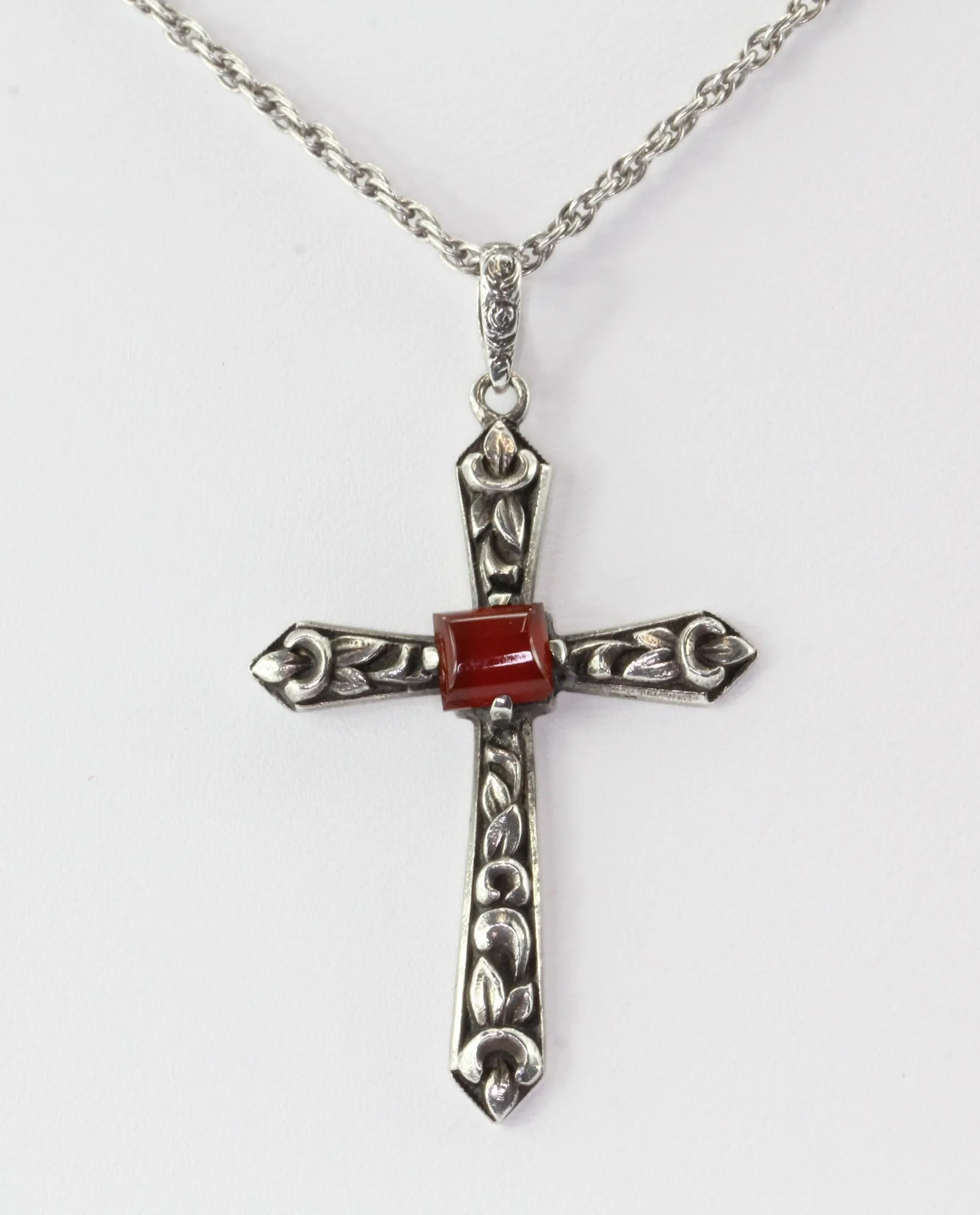 Antique 935 Silver Carnelian French Art Nouveau Cross Pendant Necklace