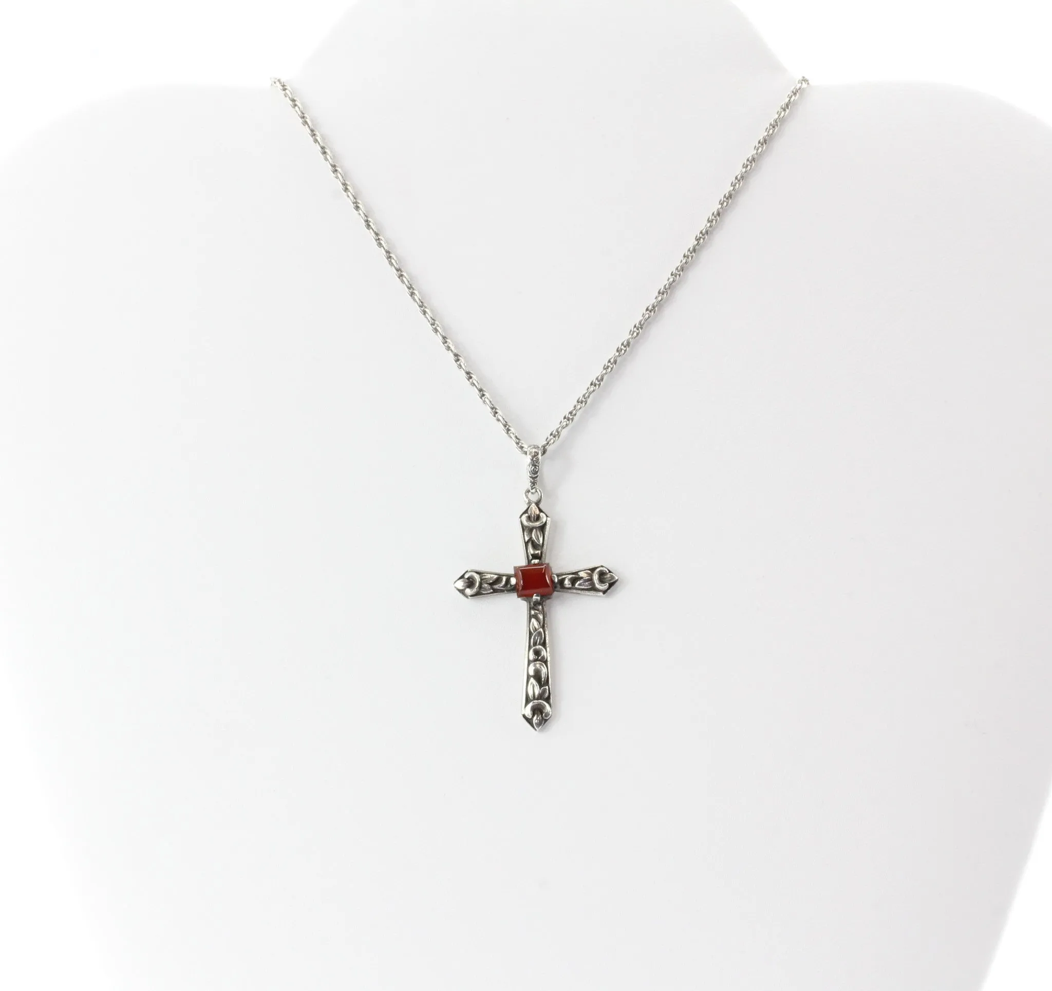 Antique 935 Silver Carnelian French Art Nouveau Cross Pendant Necklace