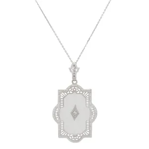 Antique Art Deco Diamond & Rock Crystal Pendant - 14k White Gold Necklace - 17"