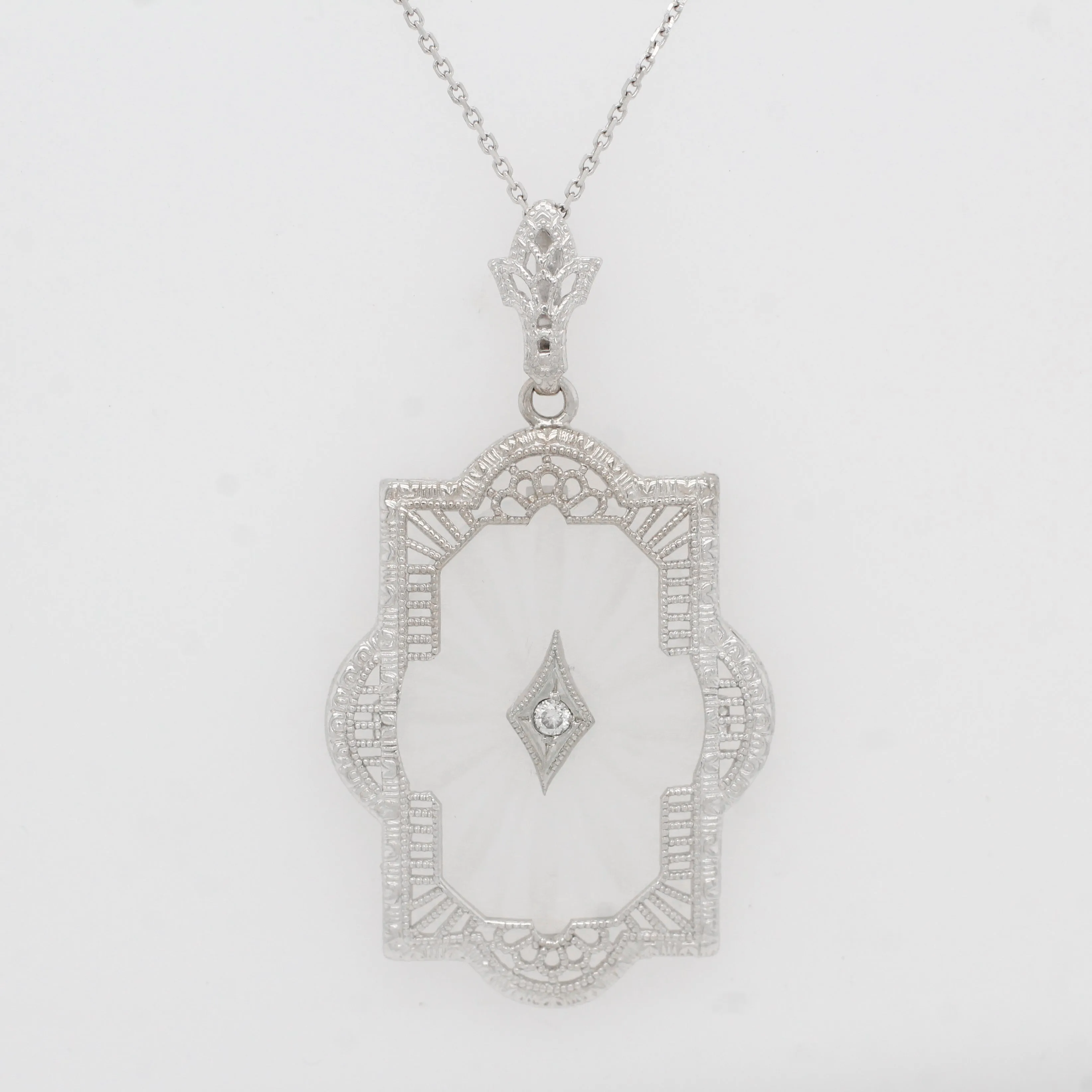 Antique Art Deco Diamond & Rock Crystal Pendant - 14k White Gold Necklace - 17"