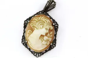 Antique Art Deco Sterling Silver Carved Shell Cameo Pendant