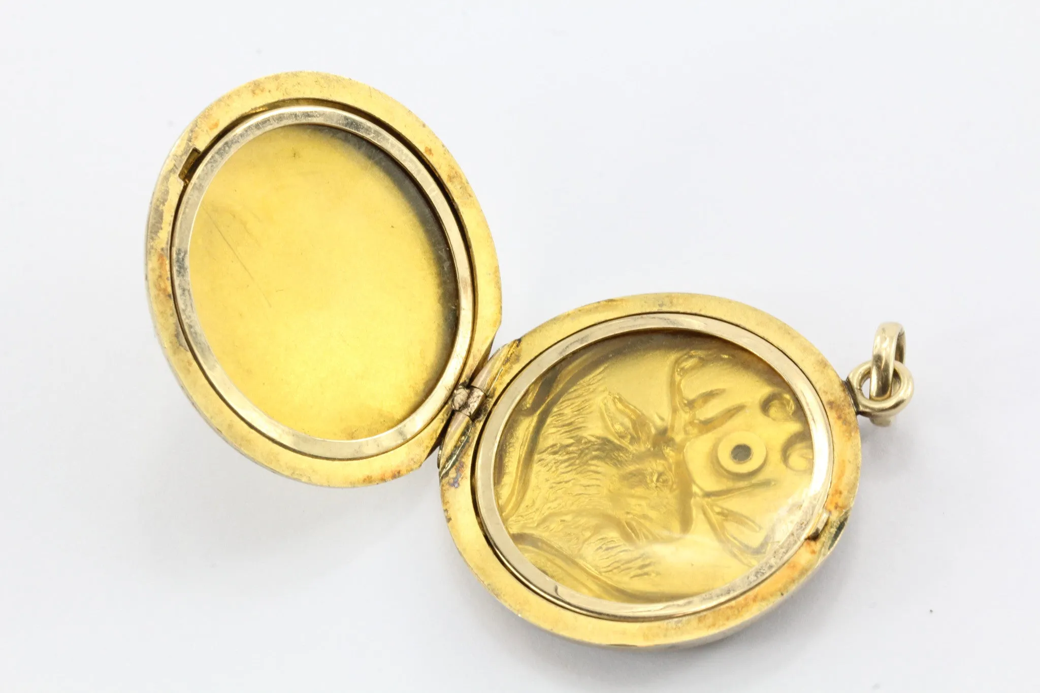 Antique Art Nouveau 10k Gold Repousse Diamond Stag Buck Locket Pendant