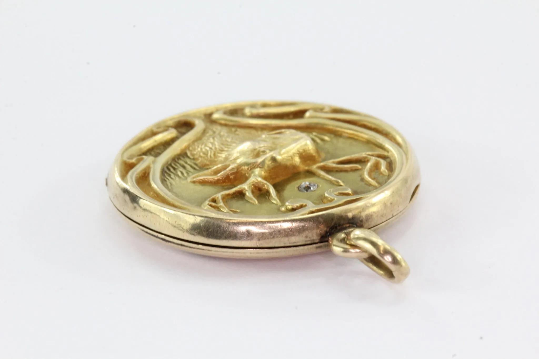 Antique Art Nouveau 10k Gold Repousse Diamond Stag Buck Locket Pendant