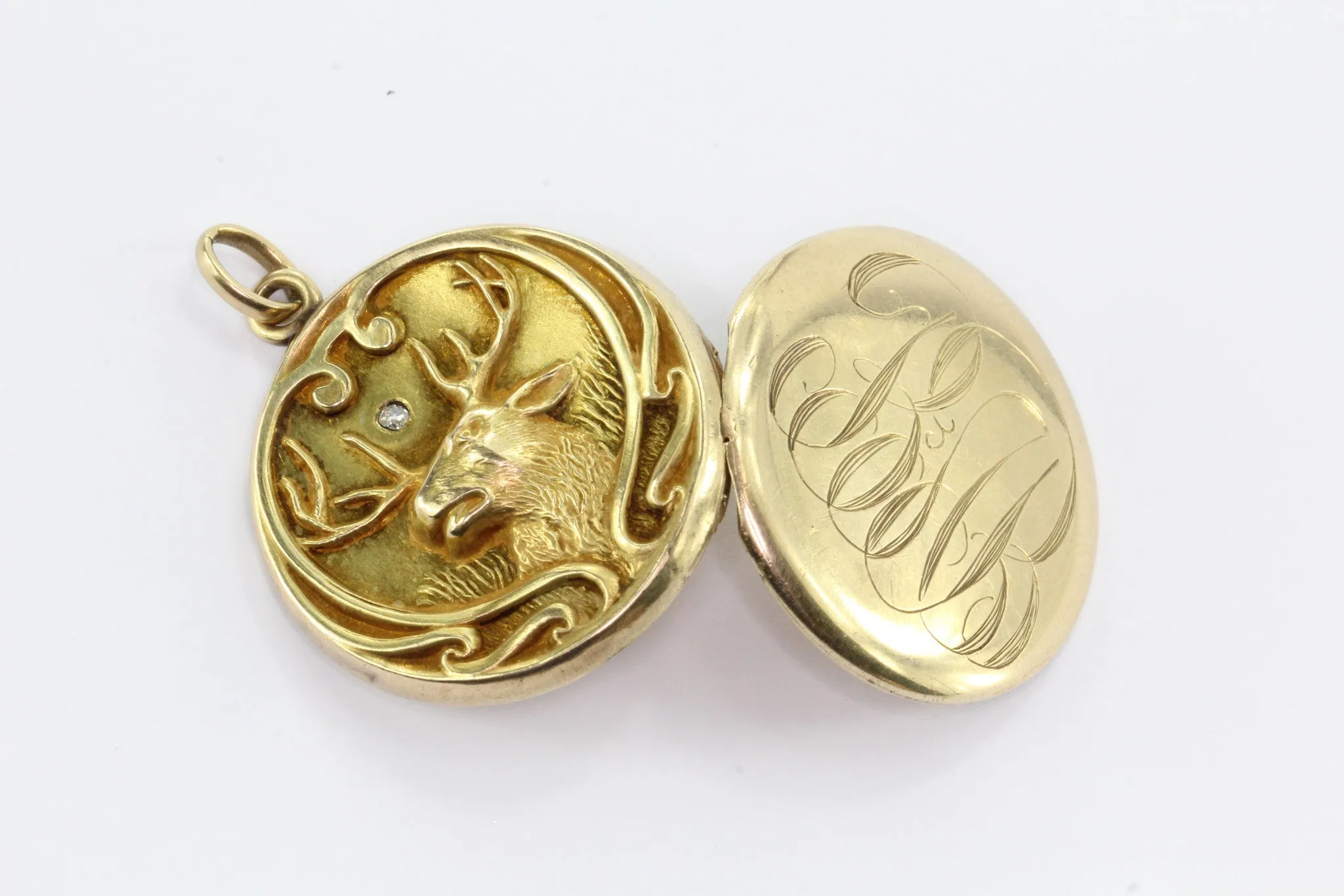 Antique Art Nouveau 10k Gold Repousse Diamond Stag Buck Locket Pendant