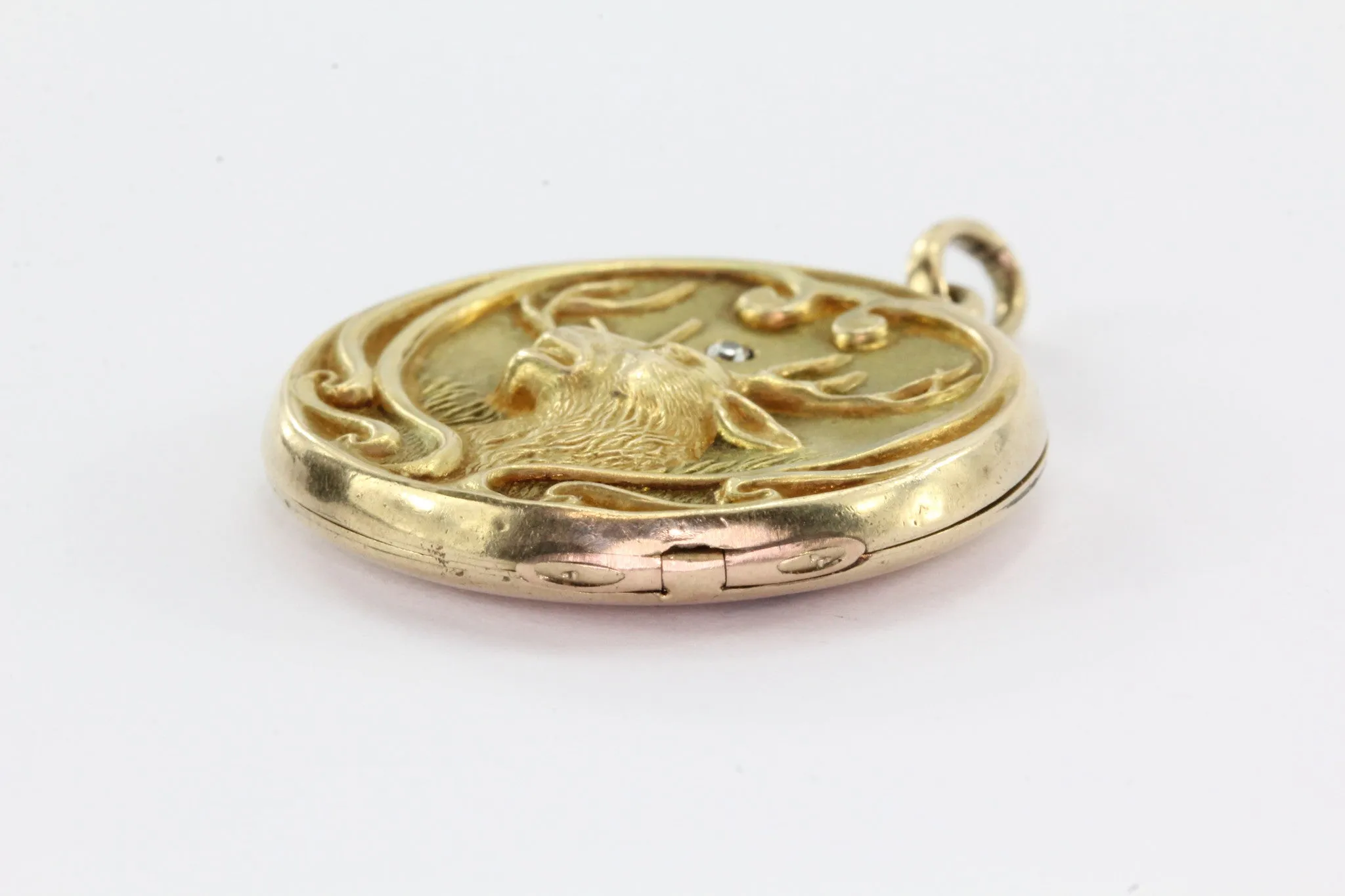 Antique Art Nouveau 10k Gold Repousse Diamond Stag Buck Locket Pendant