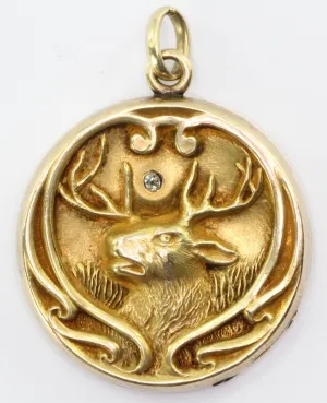 Antique Art Nouveau 10k Gold Repousse Diamond Stag Buck Locket Pendant