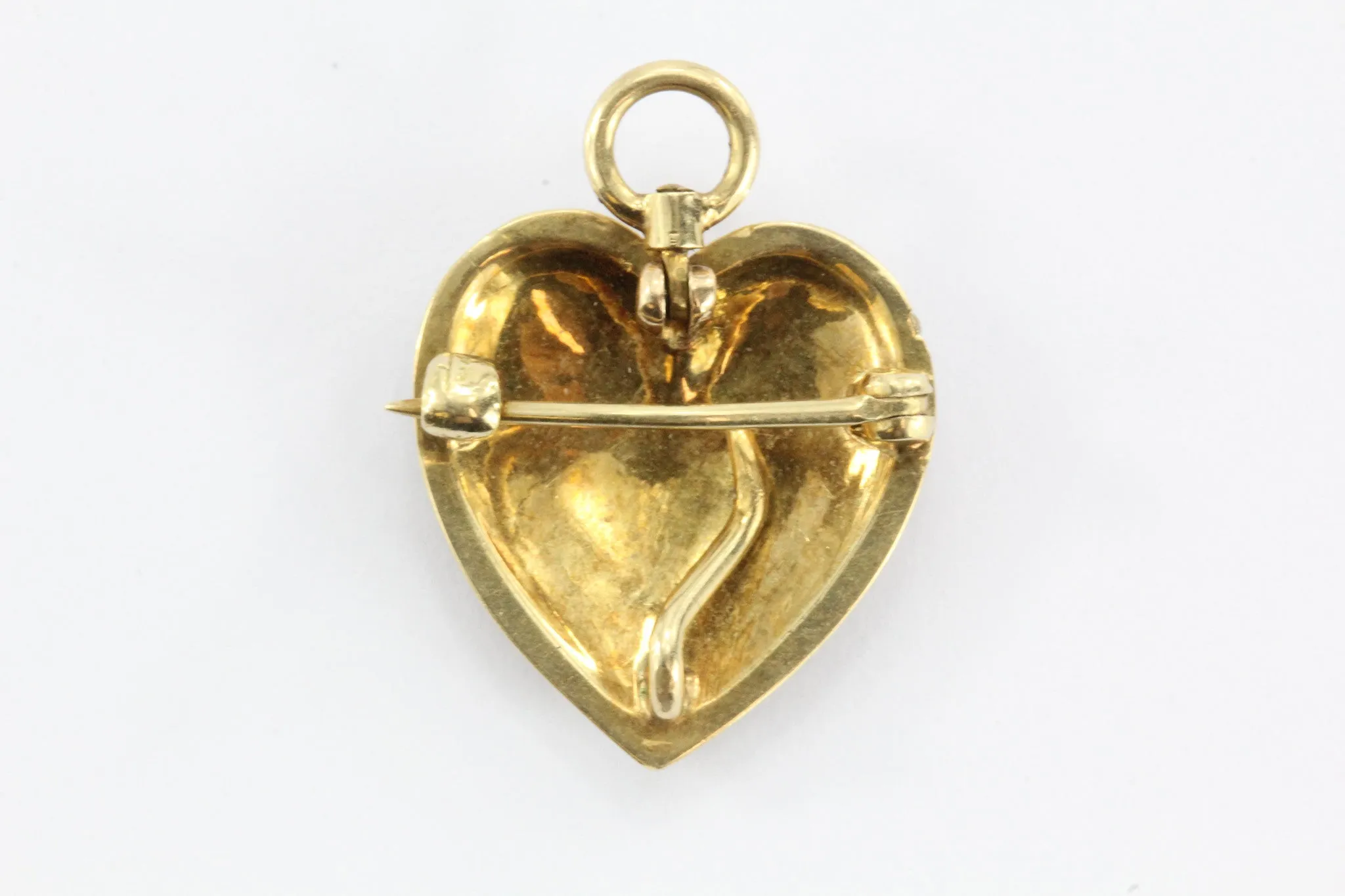 Antique Art Nouveau 14K Gold & Seed Pearl Studded Heart Pendant, Pin Hallmarked