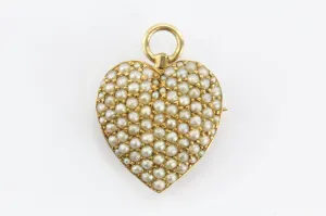 Antique Art Nouveau 14K Gold & Seed Pearl Studded Heart Pendant, Pin Hallmarked