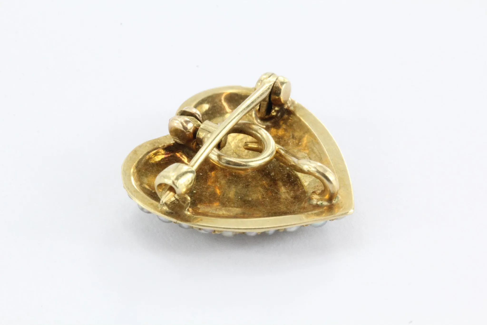 Antique Art Nouveau 14K Gold & Seed Pearl Studded Heart Pendant, Pin Hallmarked
