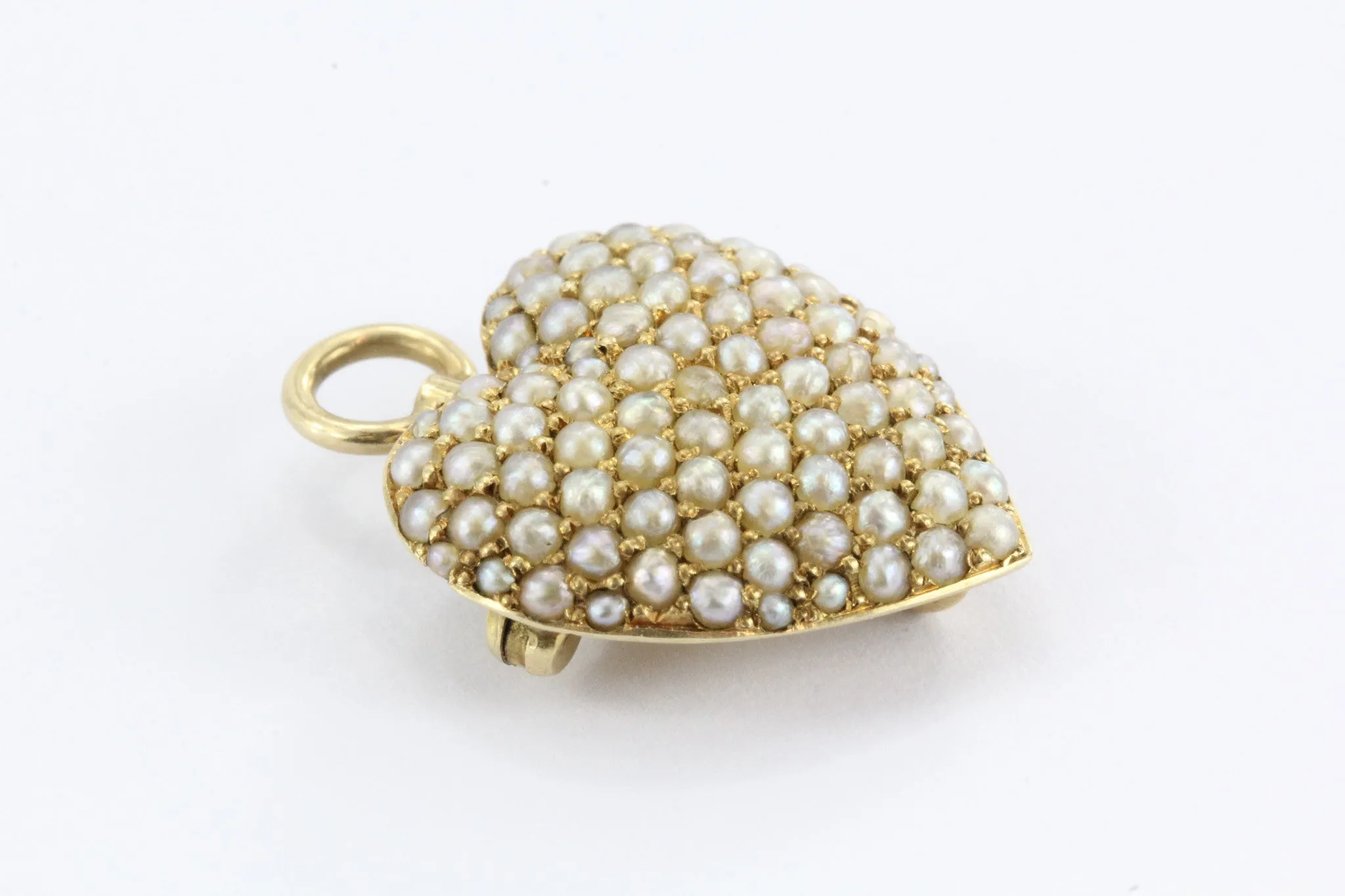 Antique Art Nouveau 14K Gold & Seed Pearl Studded Heart Pendant, Pin Hallmarked