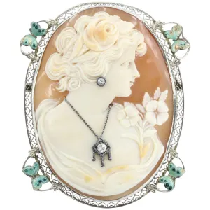 Antique Art Nouveau 14K White Gold Habille Diamond Enamel Butterfly Cameo