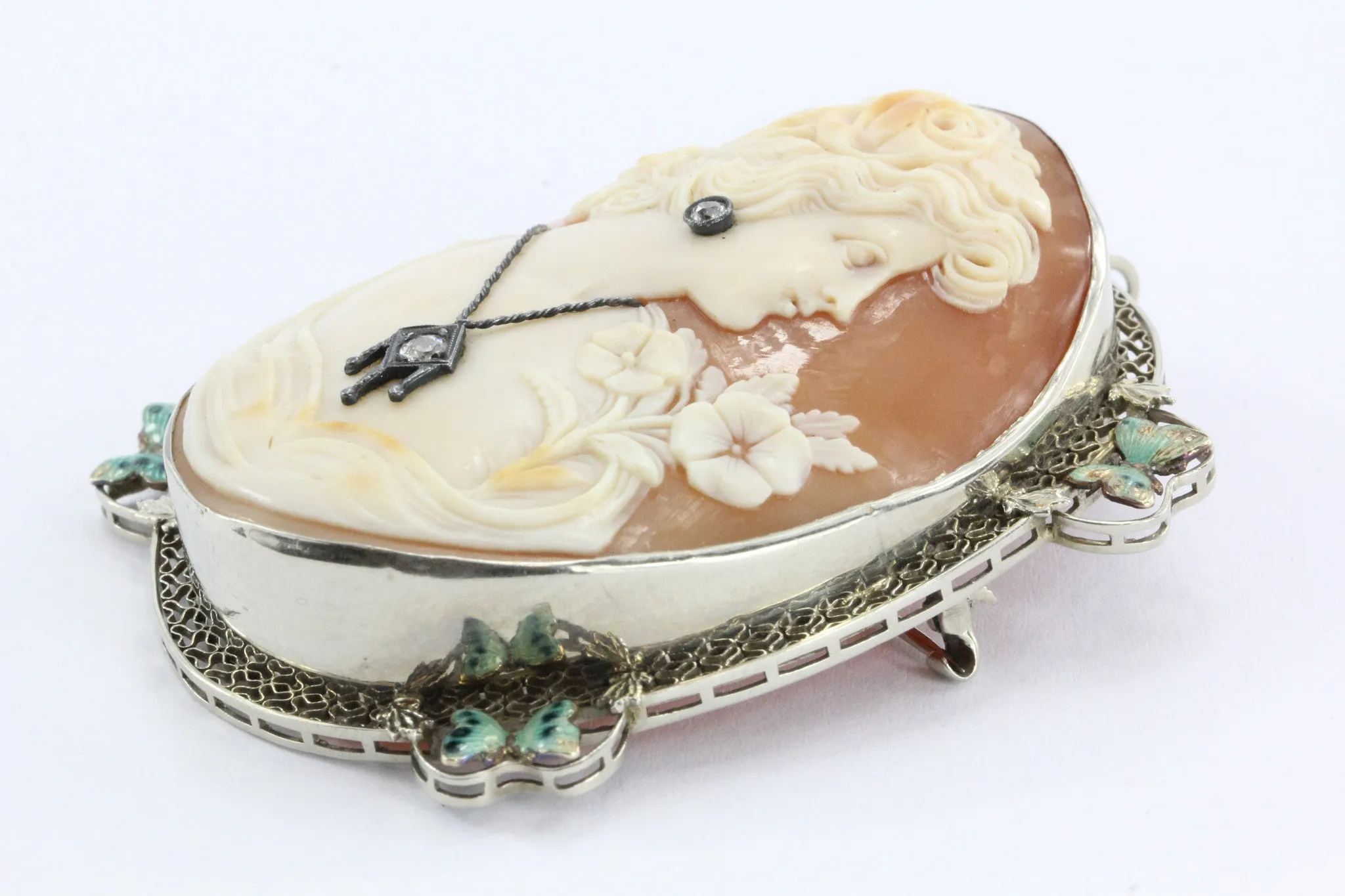 Antique Art Nouveau 14K White Gold Habille Diamond Enamel Butterfly Cameo