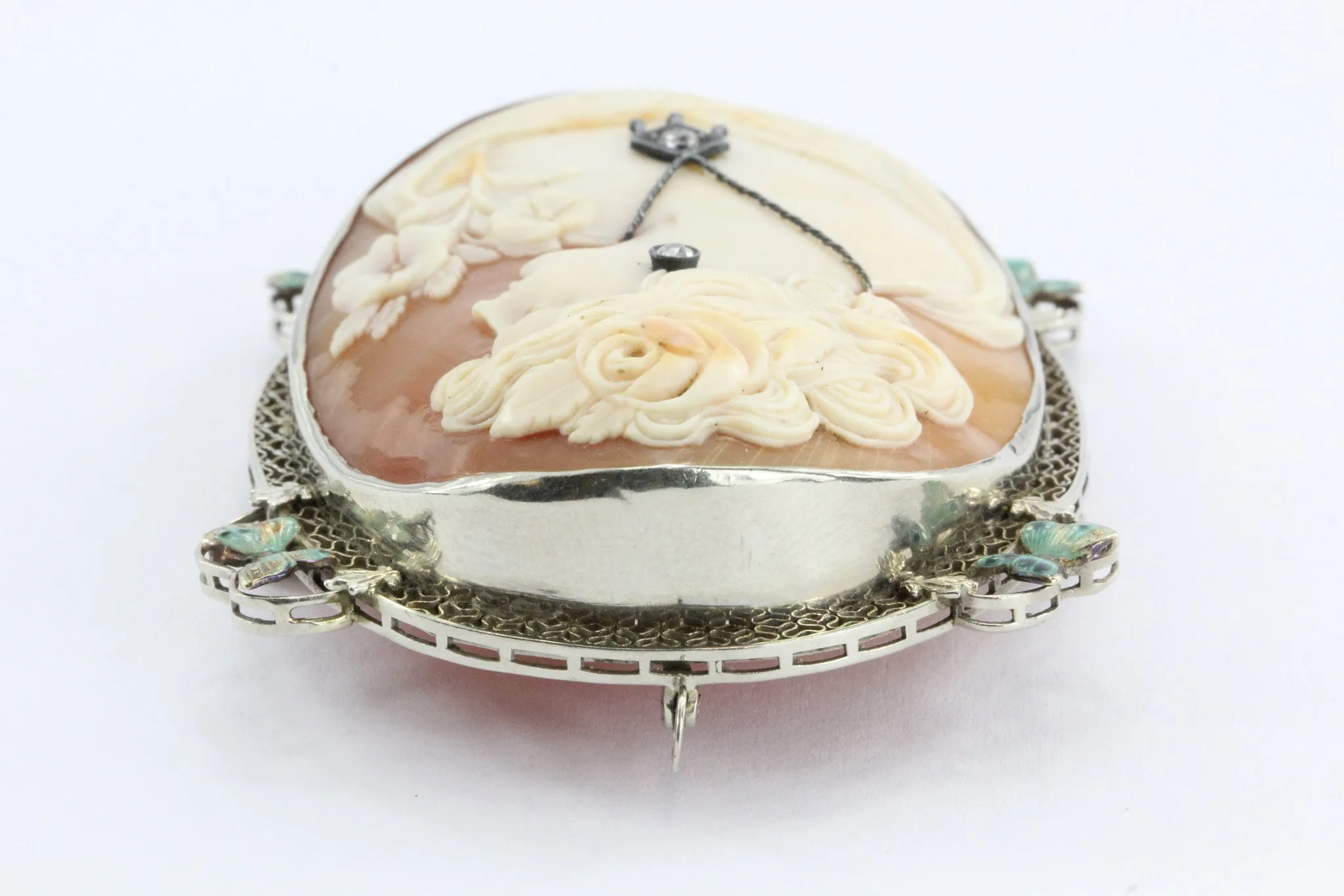 Antique Art Nouveau 14K White Gold Habille Diamond Enamel Butterfly Cameo