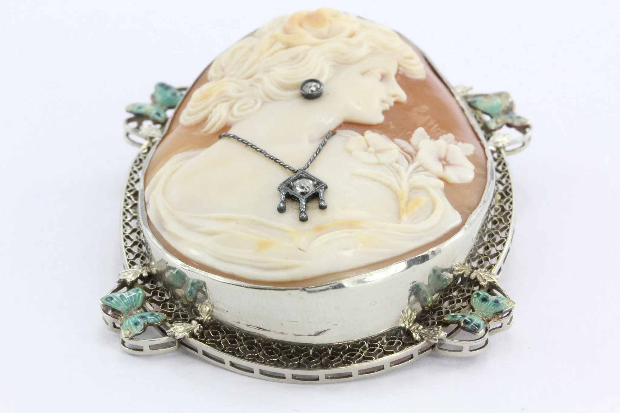 Antique Art Nouveau 14K White Gold Habille Diamond Enamel Butterfly Cameo
