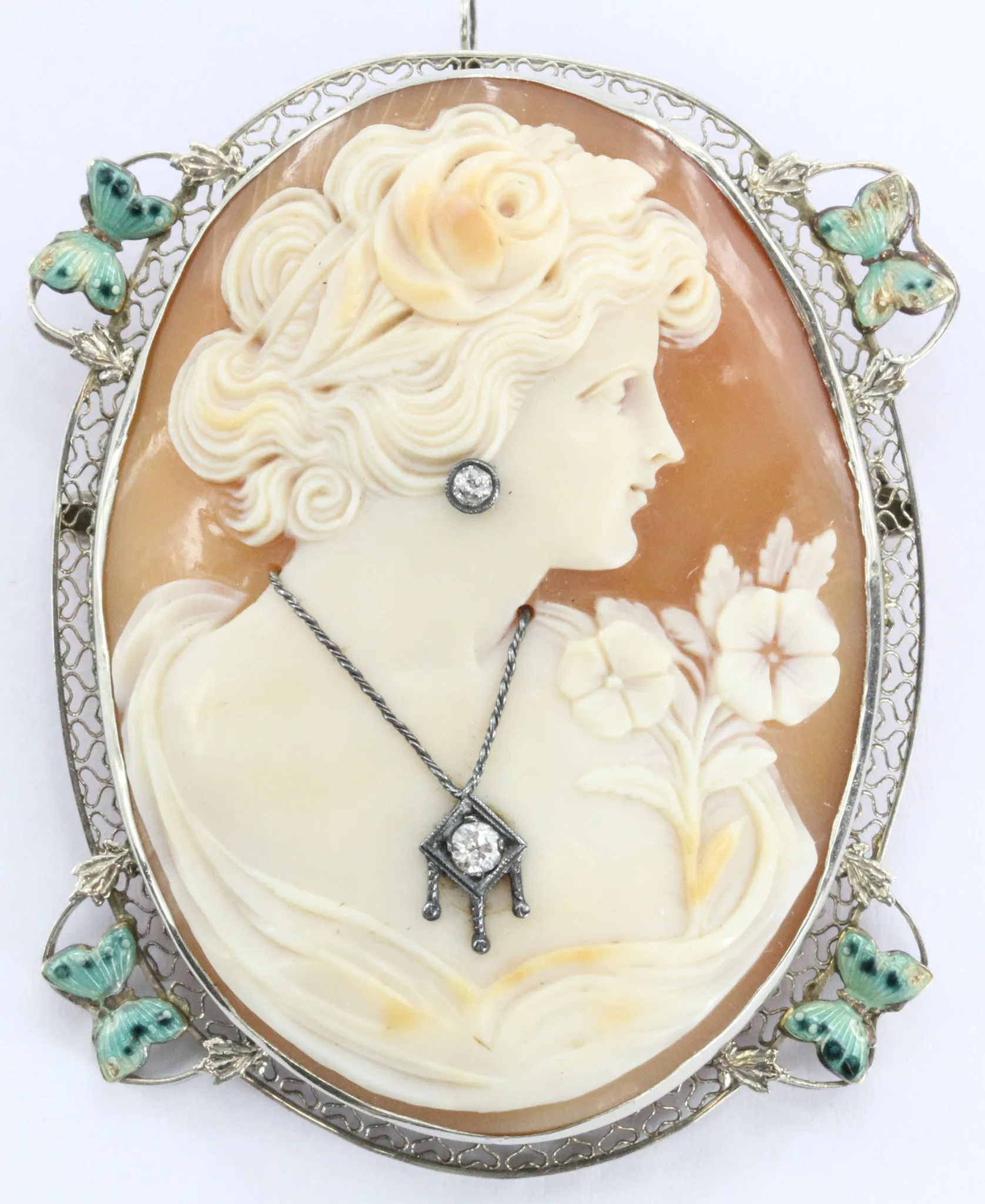 Antique Art Nouveau 14K White Gold Habille Diamond Enamel Butterfly Cameo
