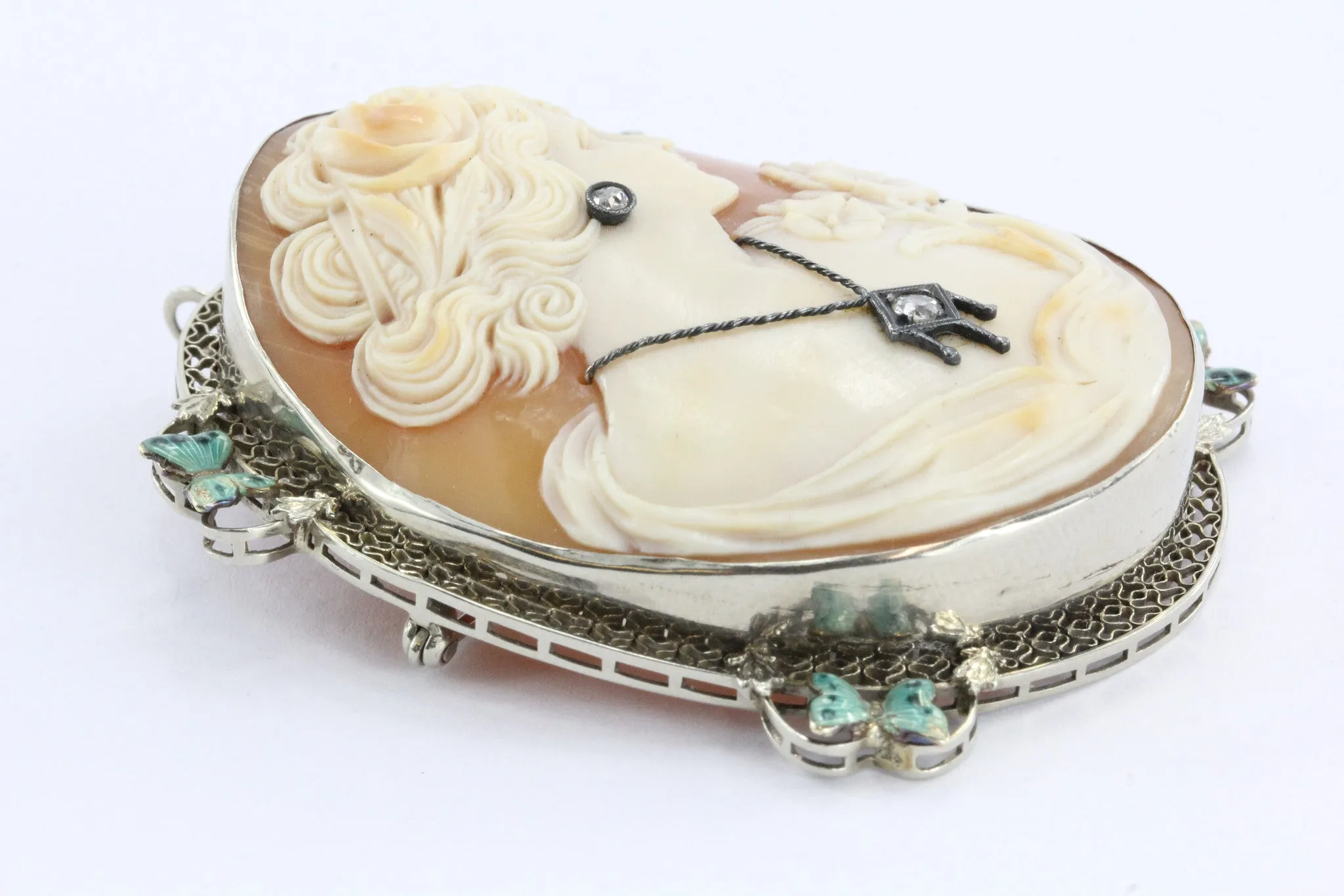 Antique Art Nouveau 14K White Gold Habille Diamond Enamel Butterfly Cameo