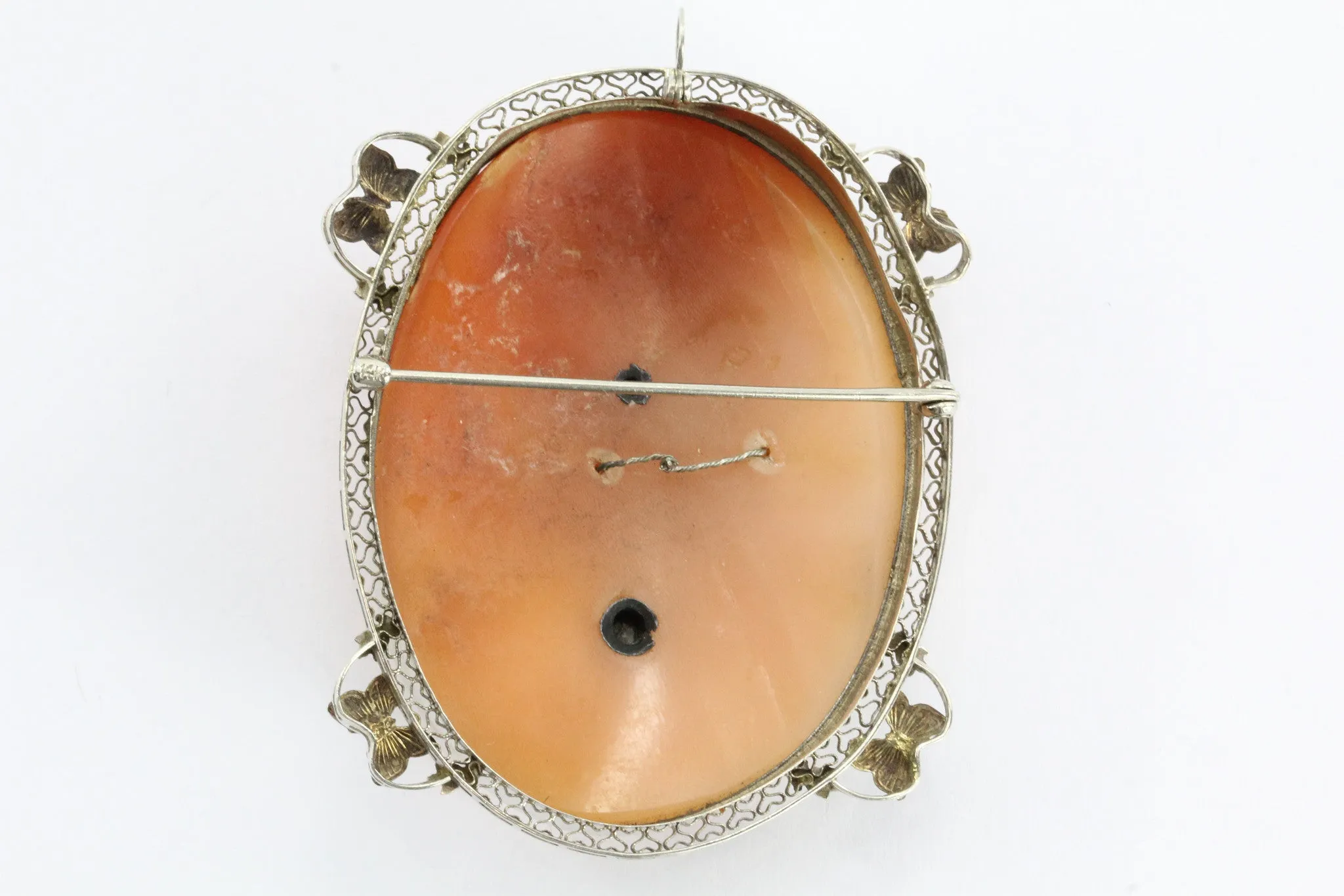 Antique Art Nouveau 14K White Gold Habille Diamond Enamel Butterfly Cameo