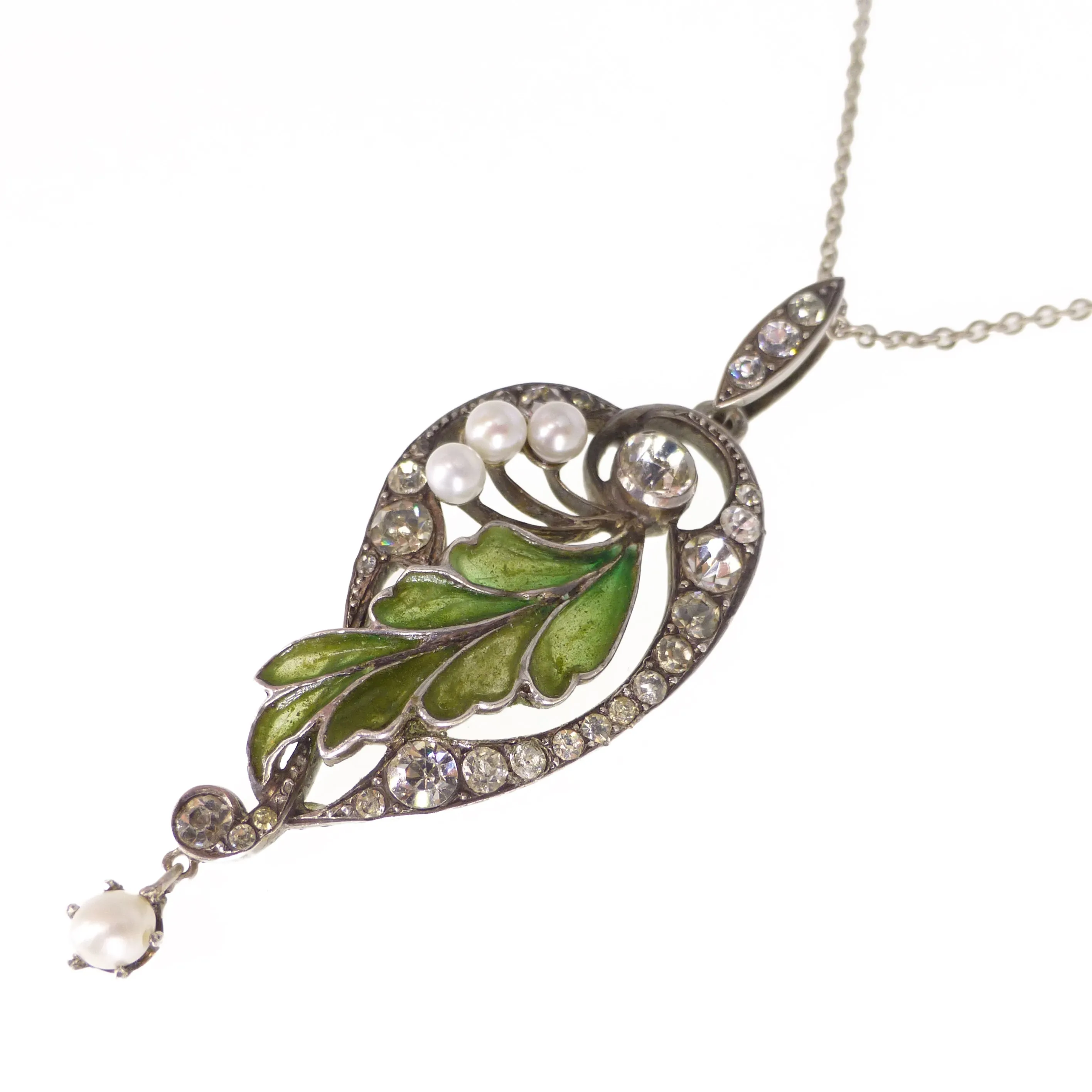 Antique Art Nouveau Silver Plique À Jour Leaf Paste Pendant Necklace